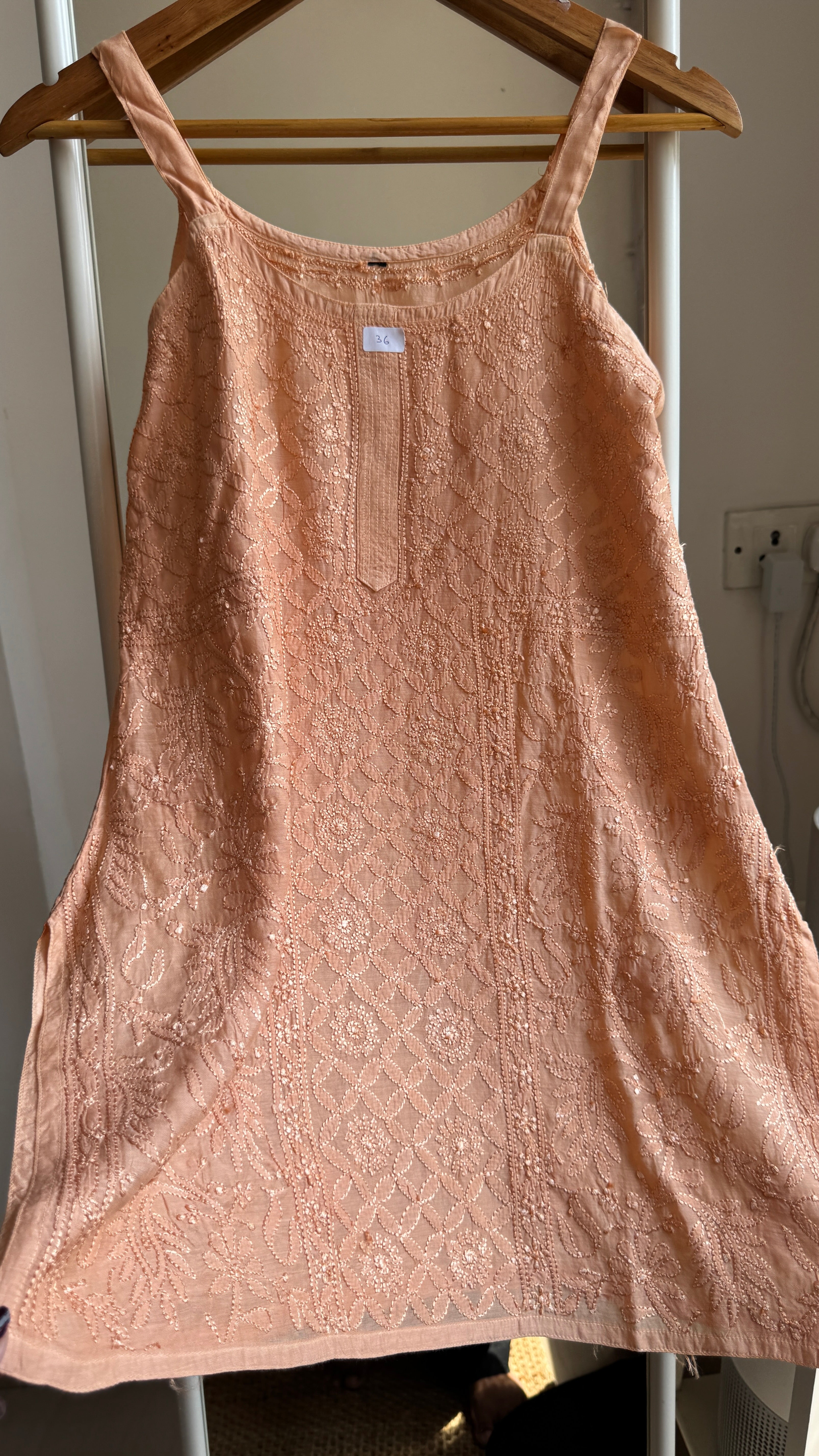 Muslin Chikankari Noodle Strap short Top - Peach