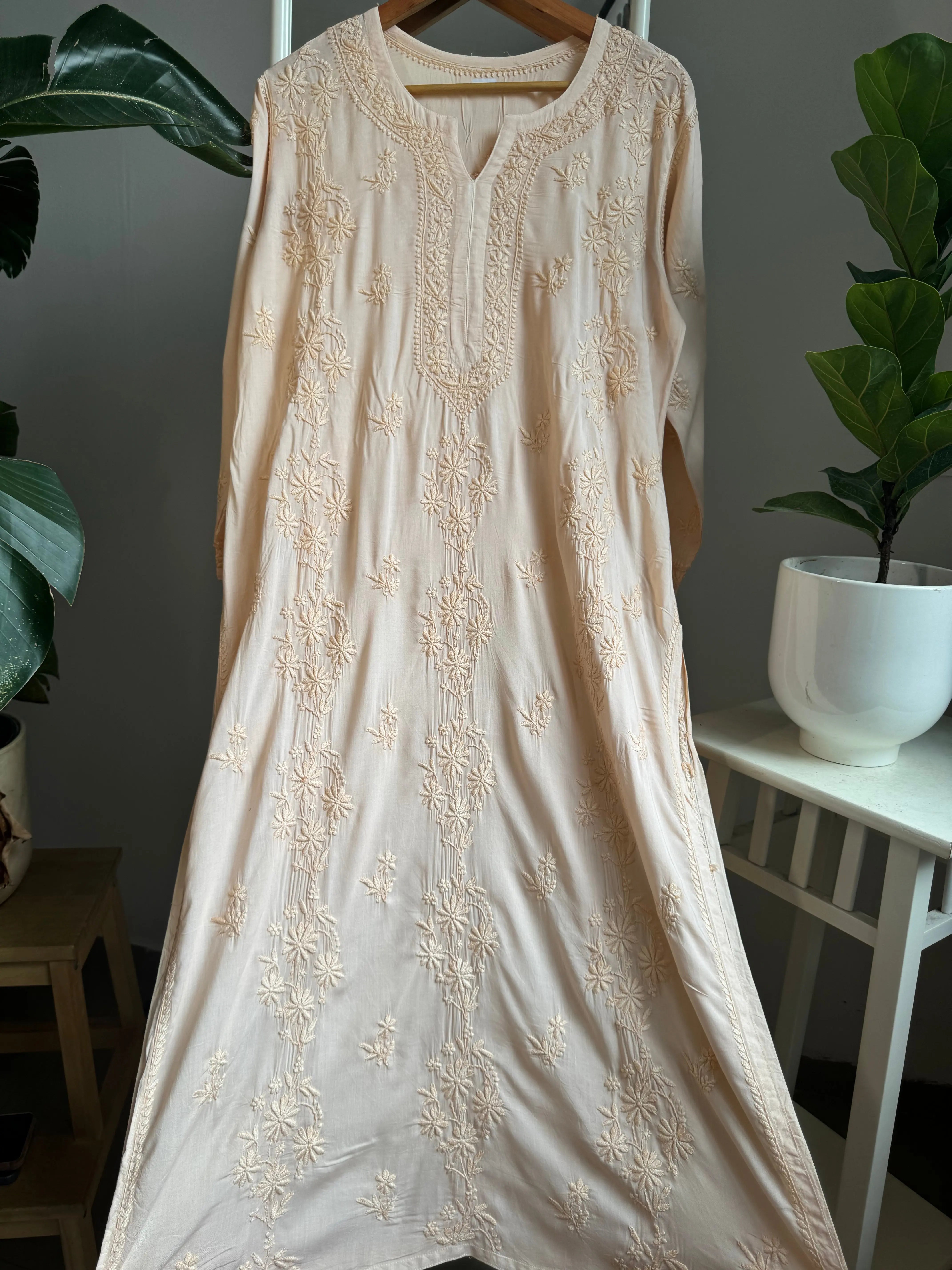 Premium Modal Chikankari Cotton Kurti - Cream ARIAA CHIKANKARI