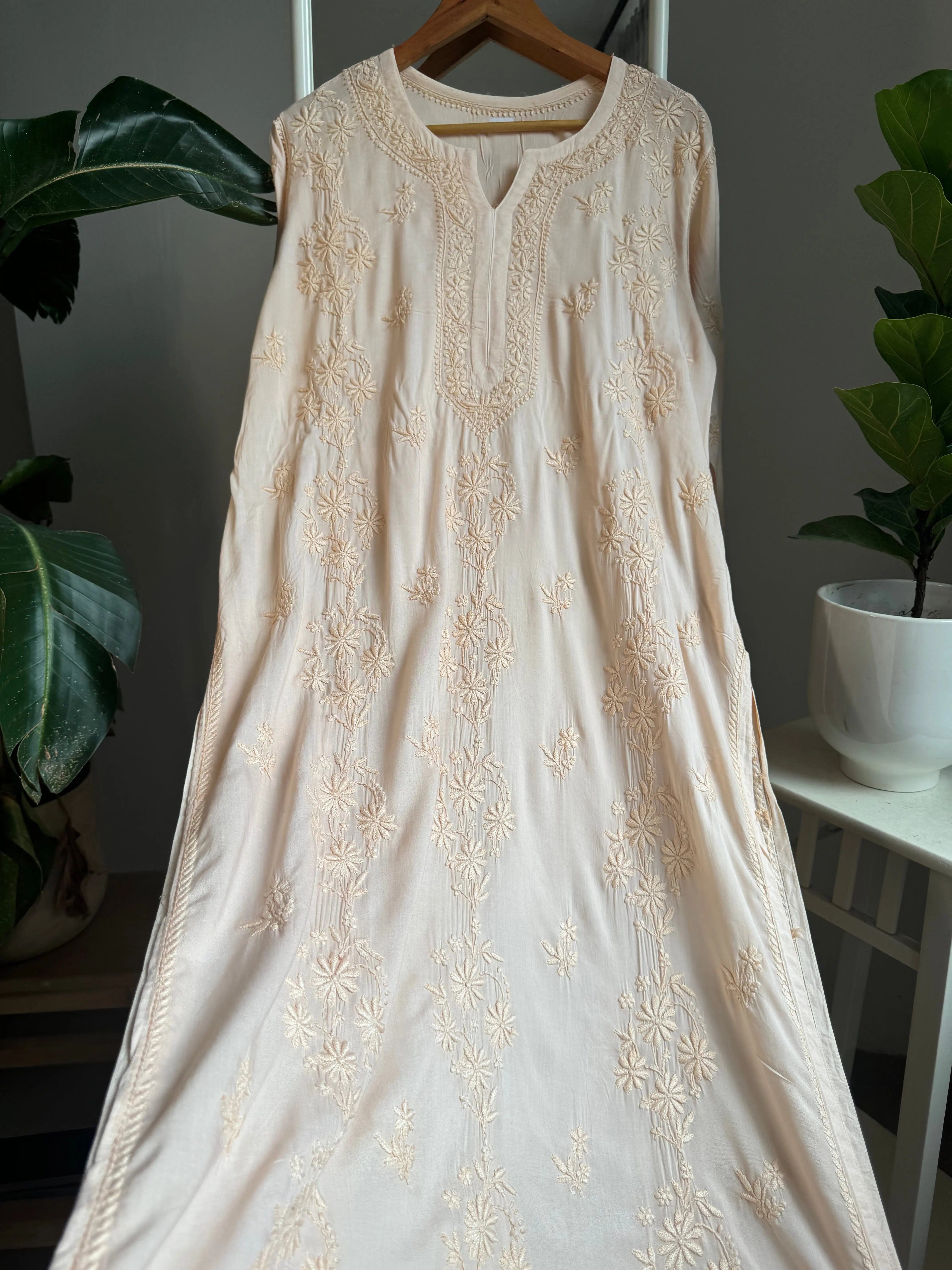 Premium Modal Chikankari Cotton Kurti - Cream ARIAA CHIKANKARI