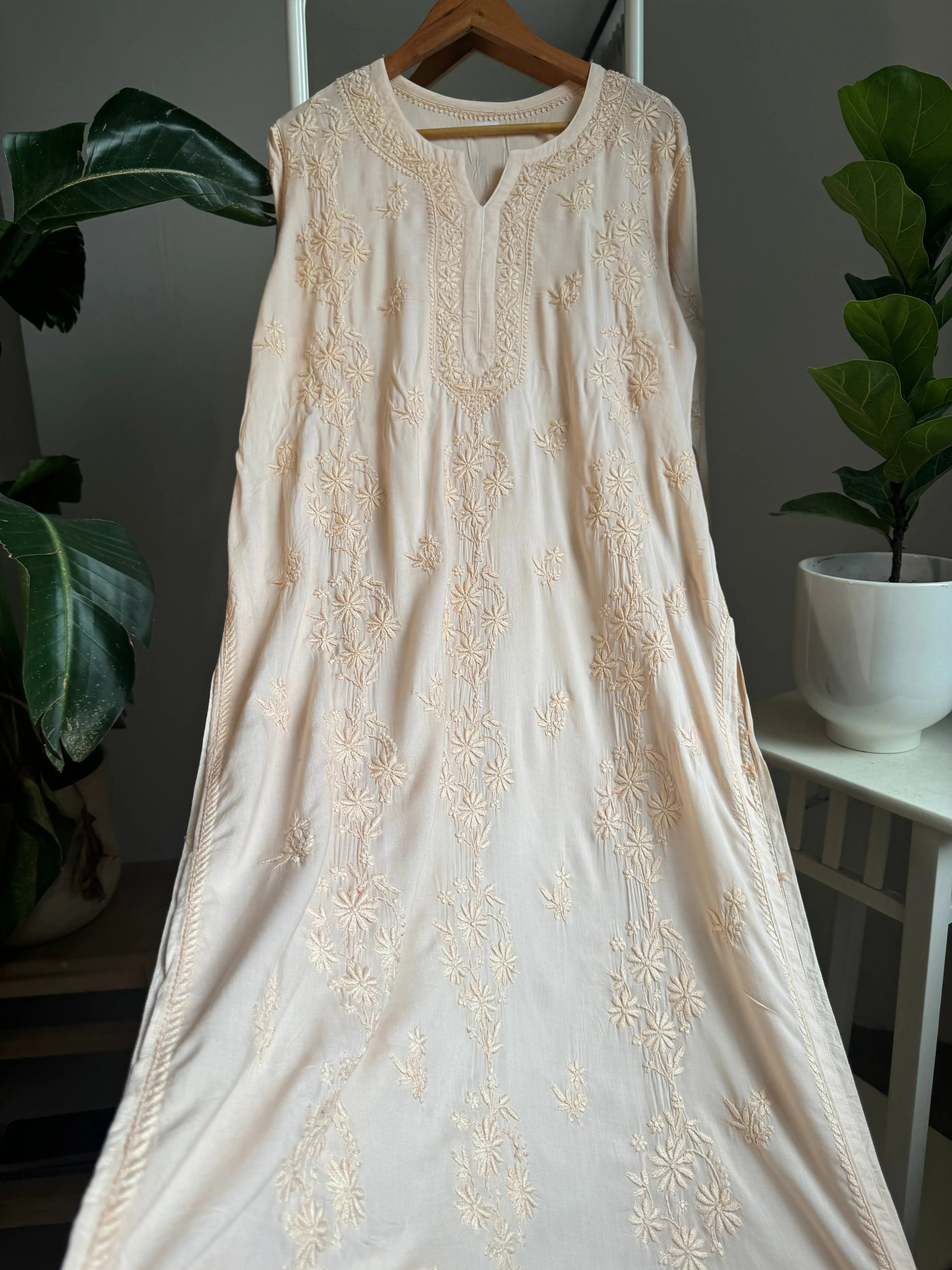 Premium Modal Chikankari Cotton Kurti - Cream ARIAA CHIKANKARI