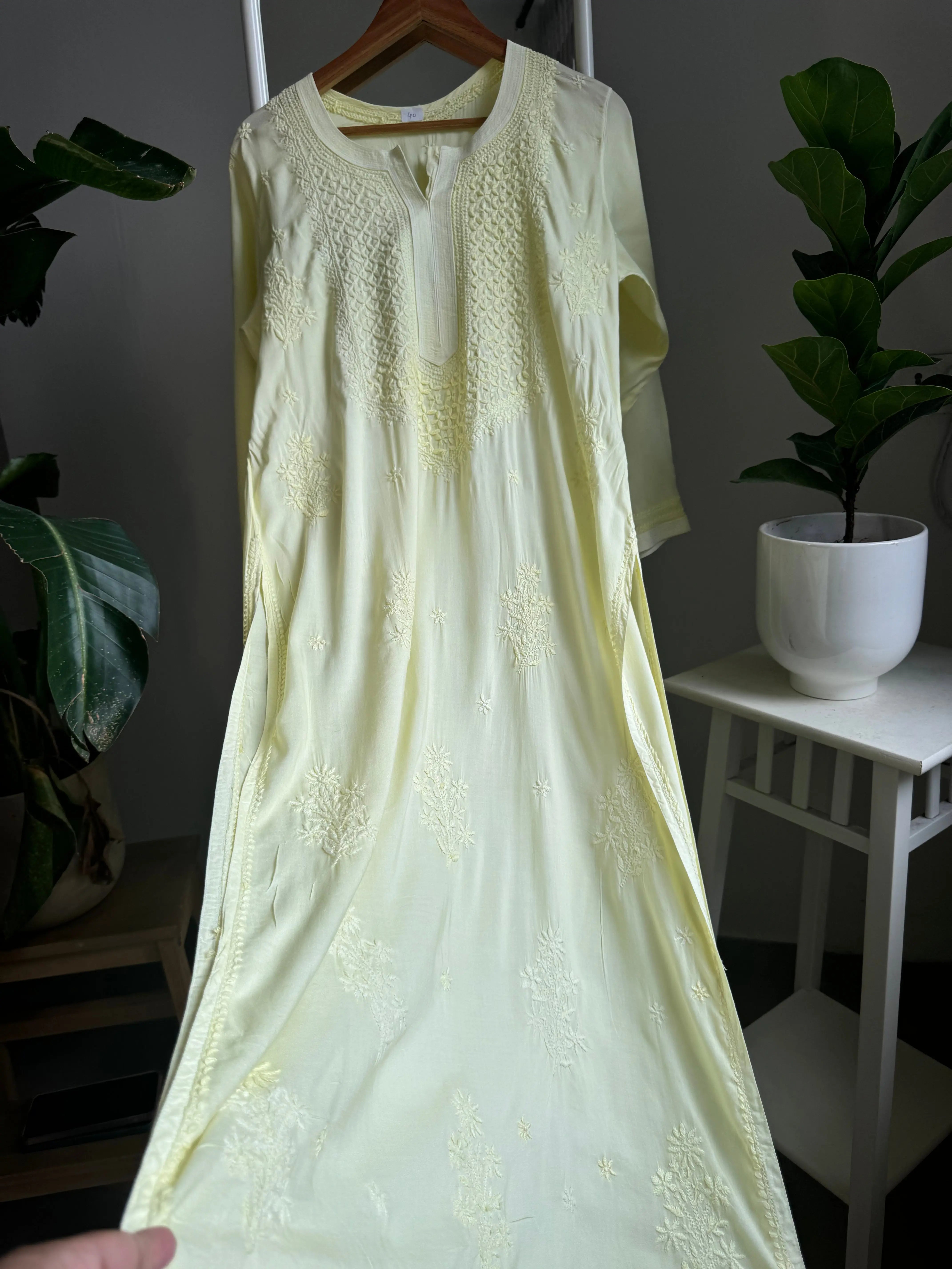 Premium Modal Chikankari Cotton Kurti - Lemon Yellow ARIAA CHIKANKARI