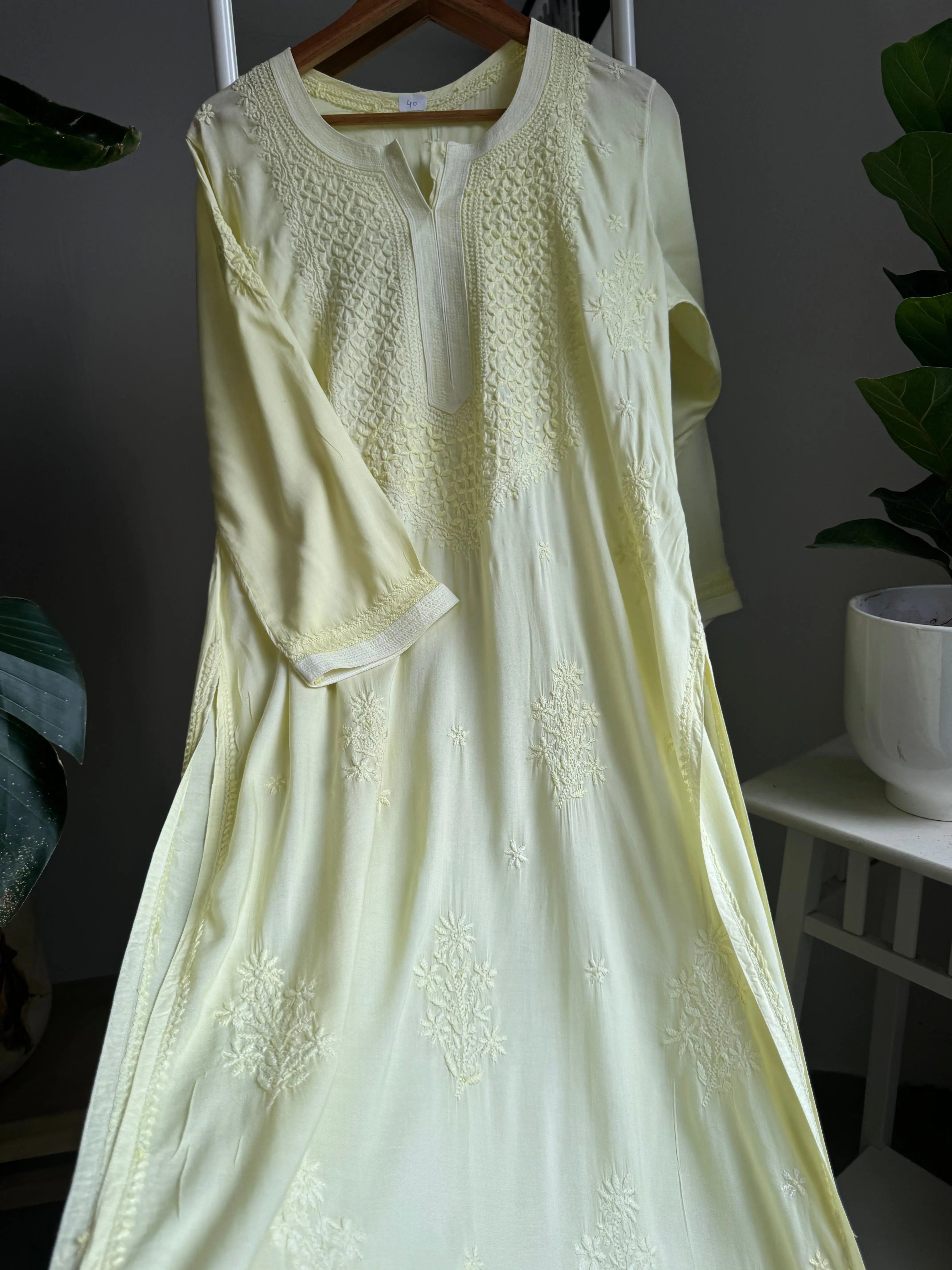 Premium Modal Chikankari Cotton Kurti - Lemon Yellow ARIAA CHIKANKARI
