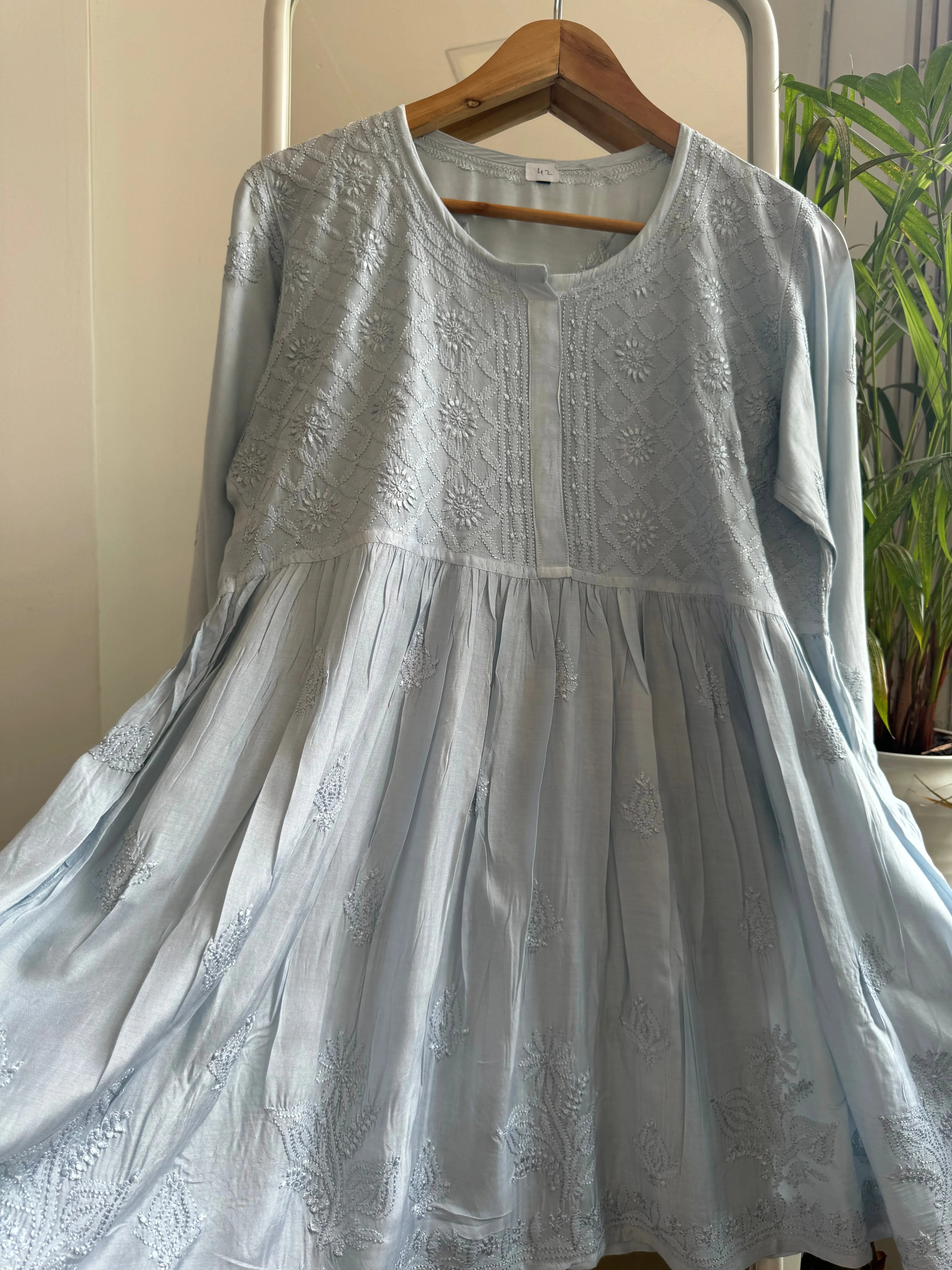 Chikankari Muslin Peplum short Top in Grey ARIAA CHIKANKARI