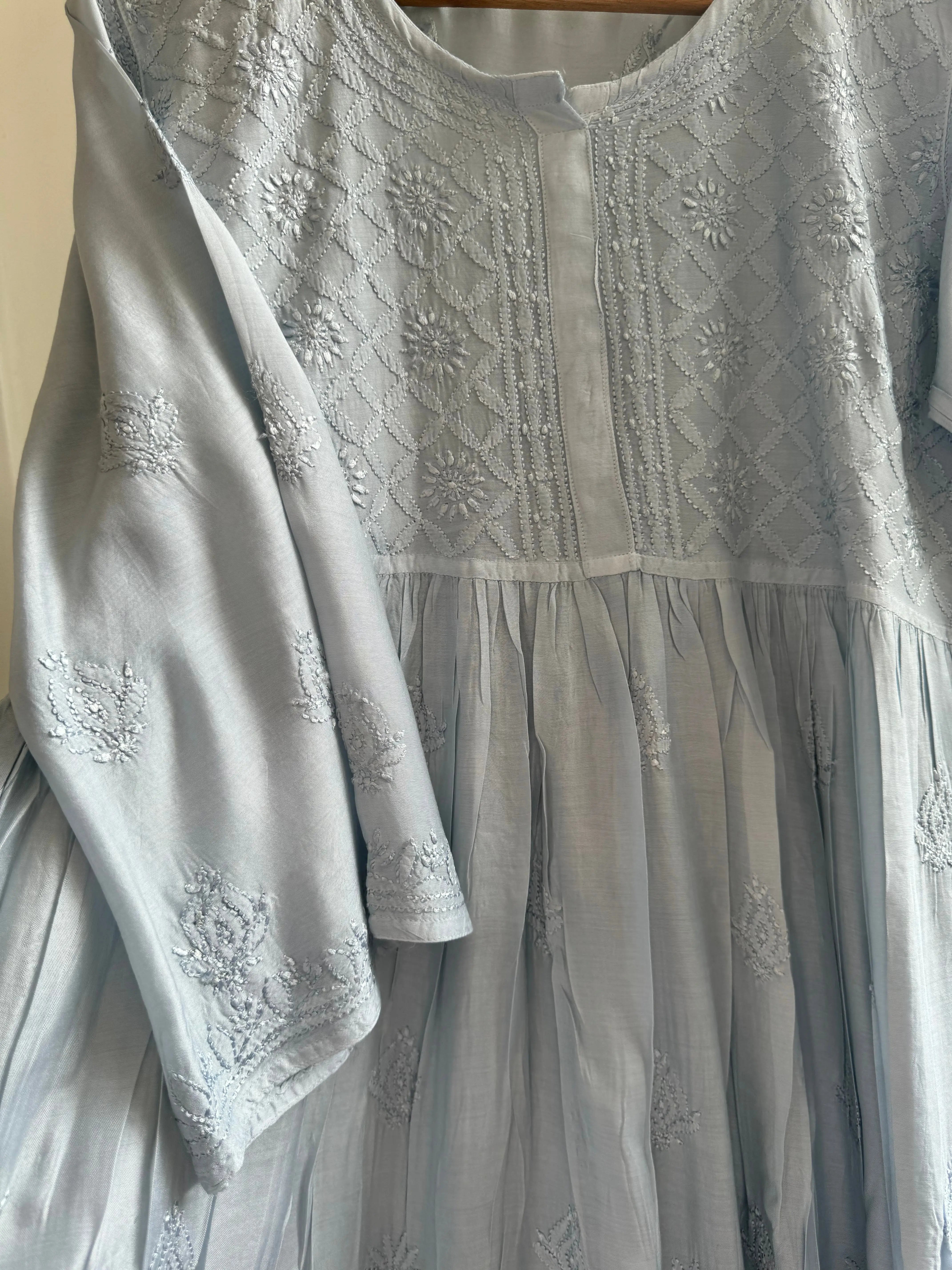 Chikankari Muslin Peplum short Top in Grey ARIAA CHIKANKARI