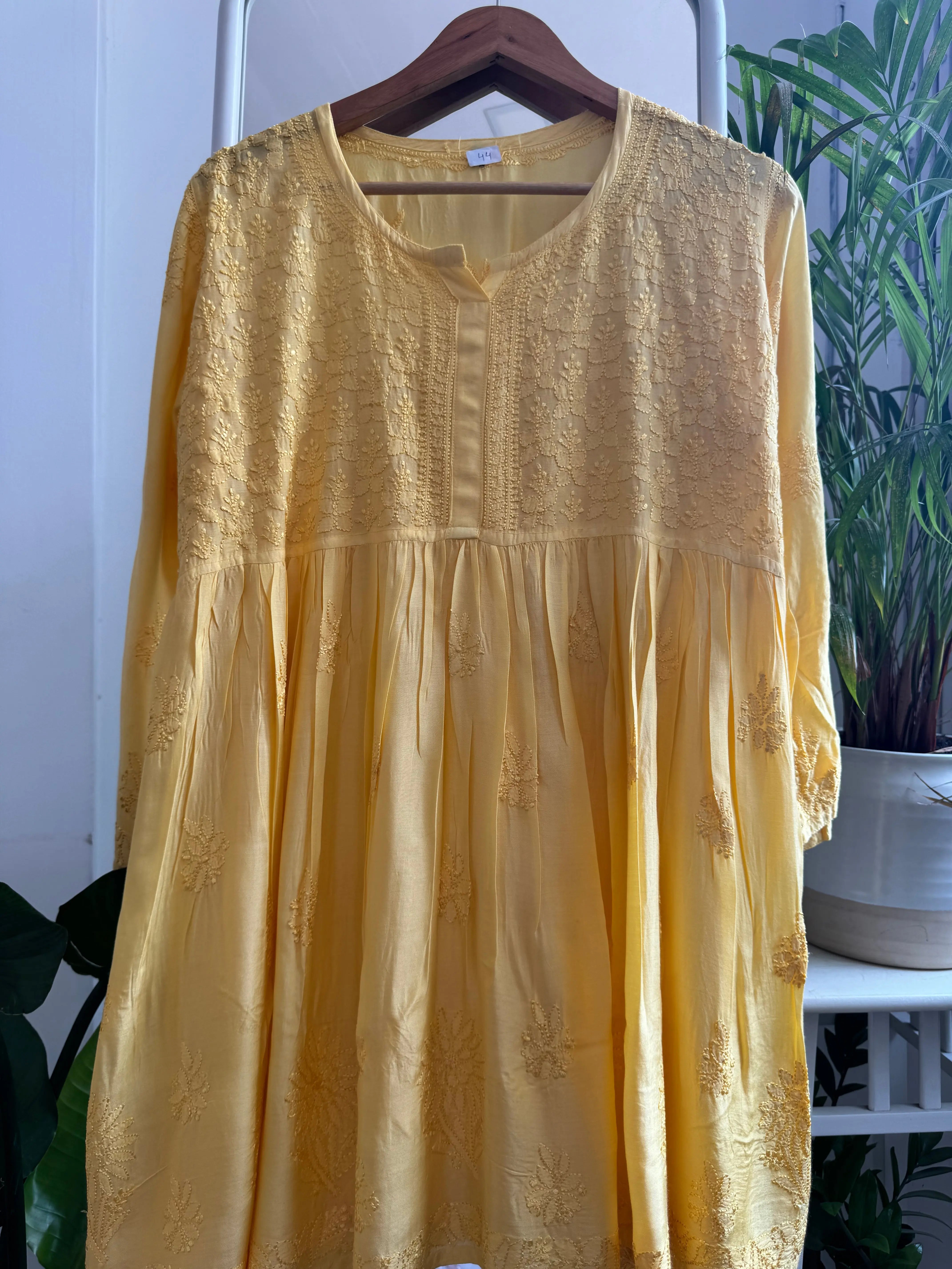 Chikankari Muslin Peplum short Top in Yellow ARIAA CHIKANKARI