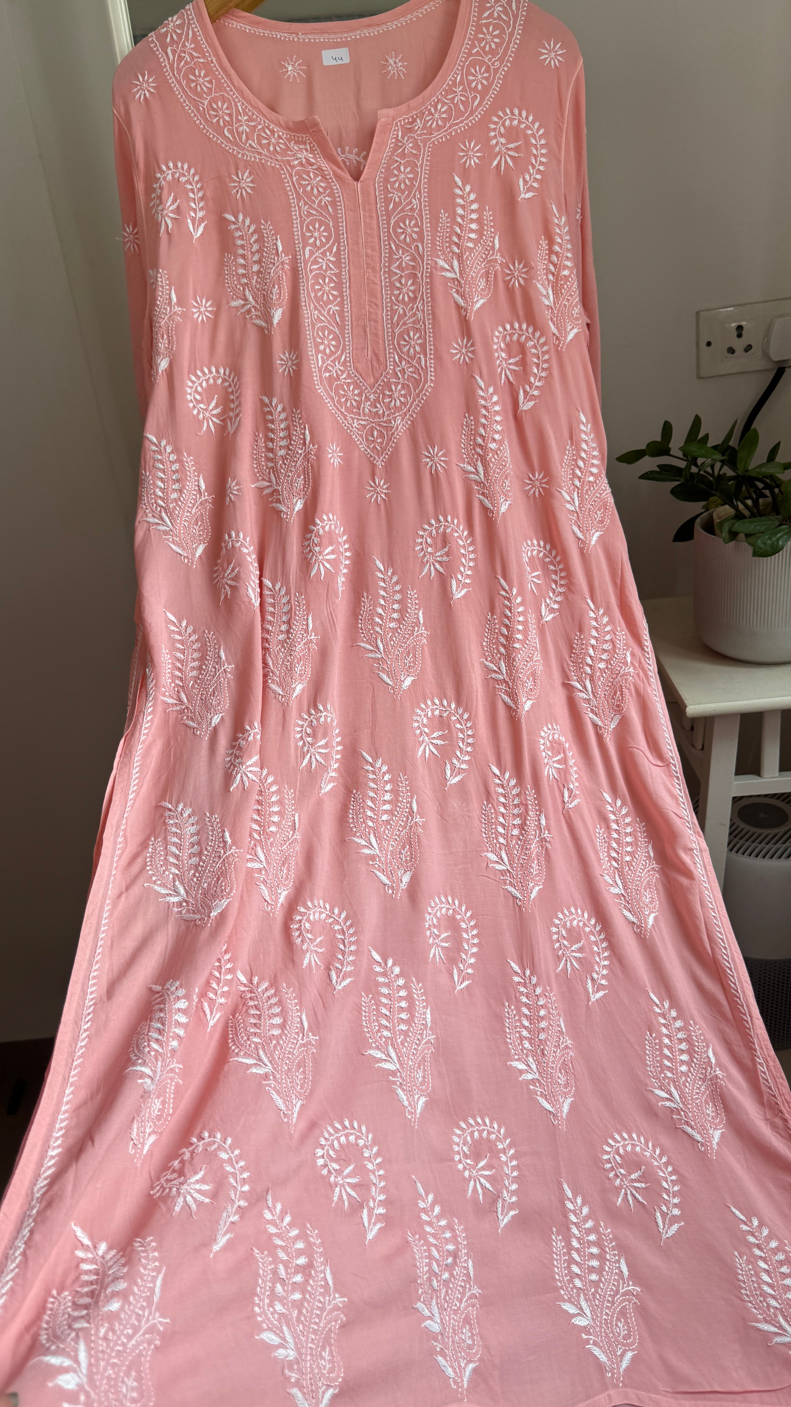Premium Modal Chikankari Cotton Kurti - Carrot Pink - Noor Collection