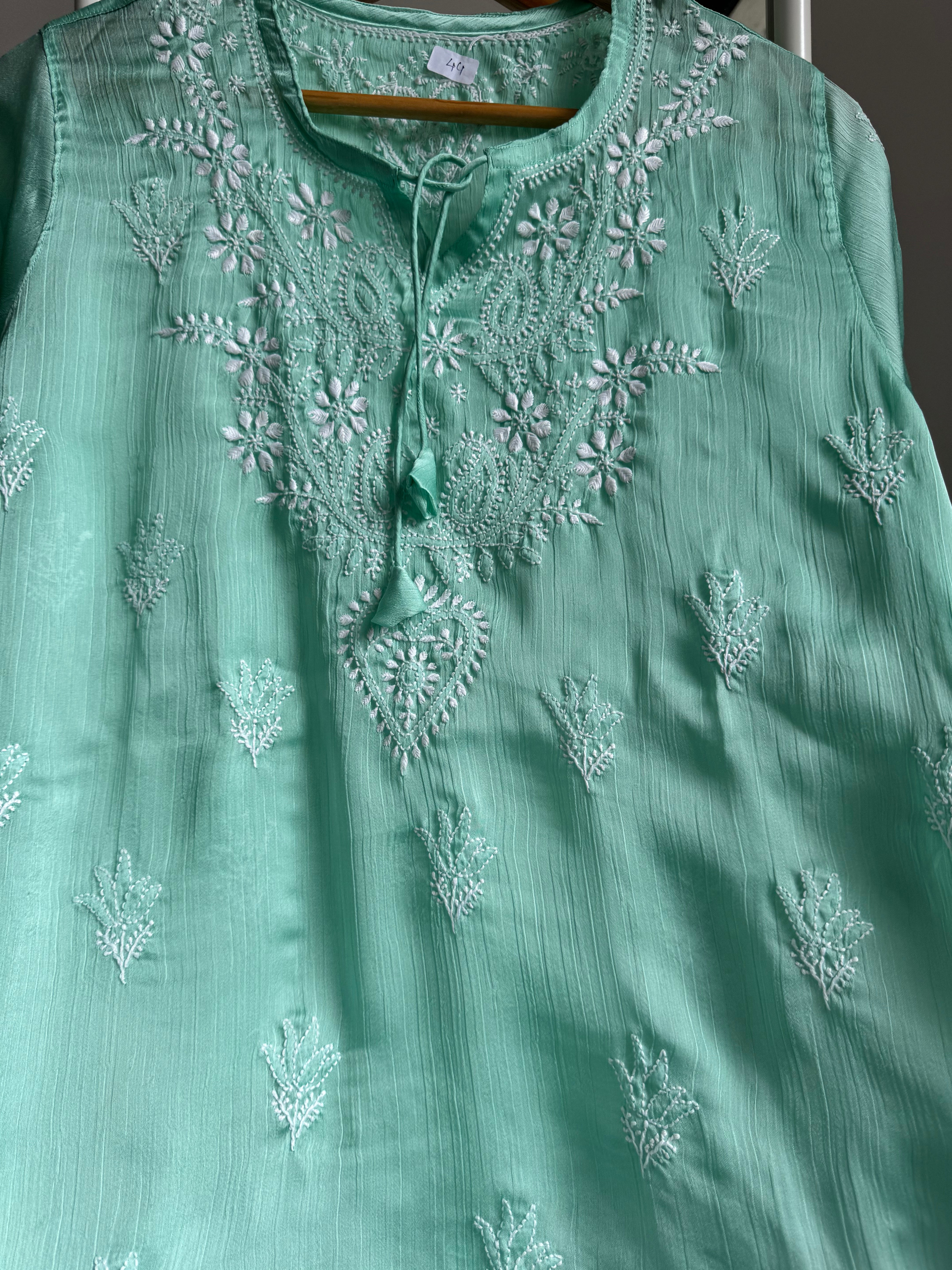 Chikankari Long sleeves short Top in chinon - Green ARIAA CHIKANKARI