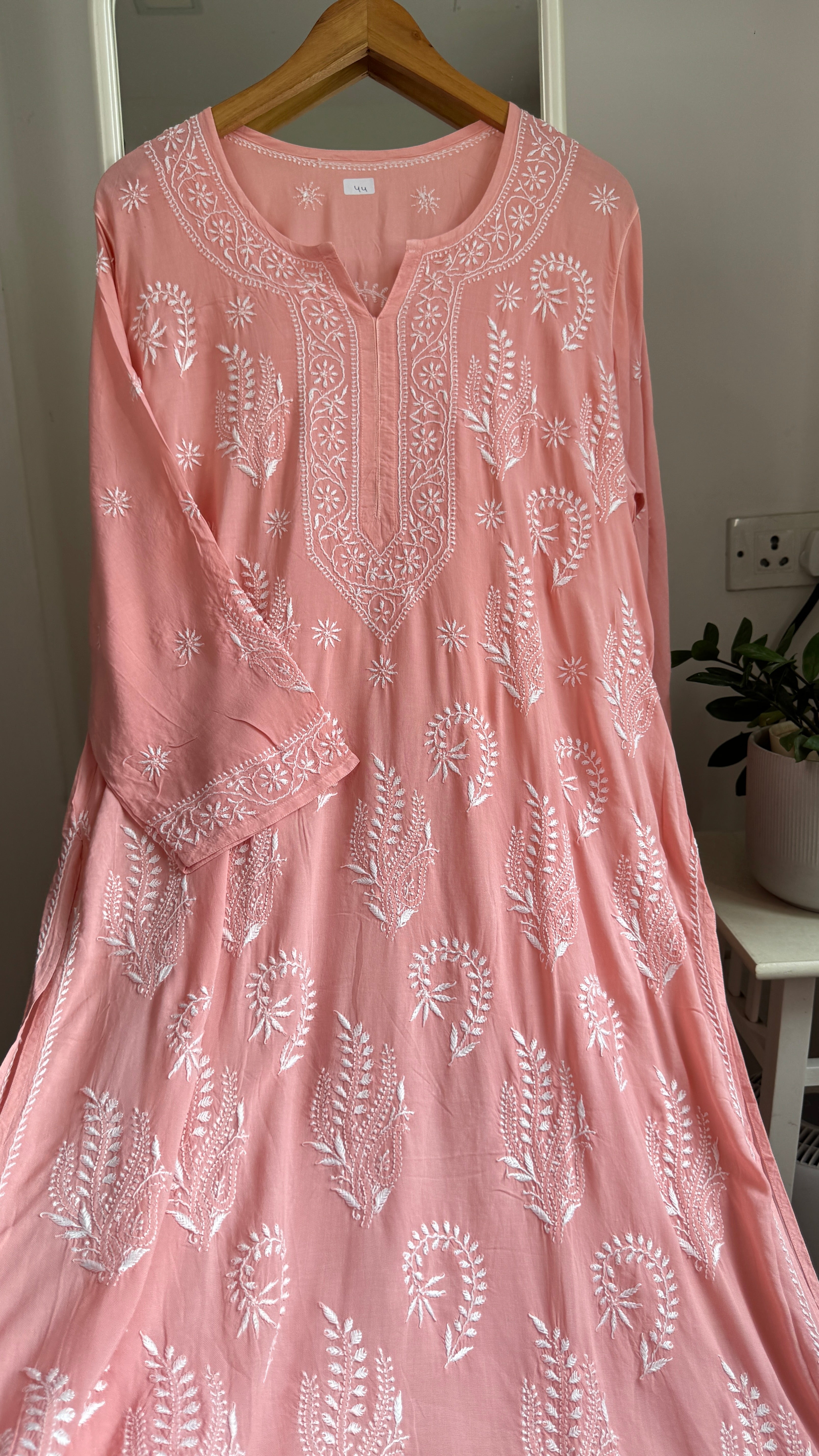 Premium Modal Chikankari Cotton Kurti - Carrot Pink - Noor Collection
