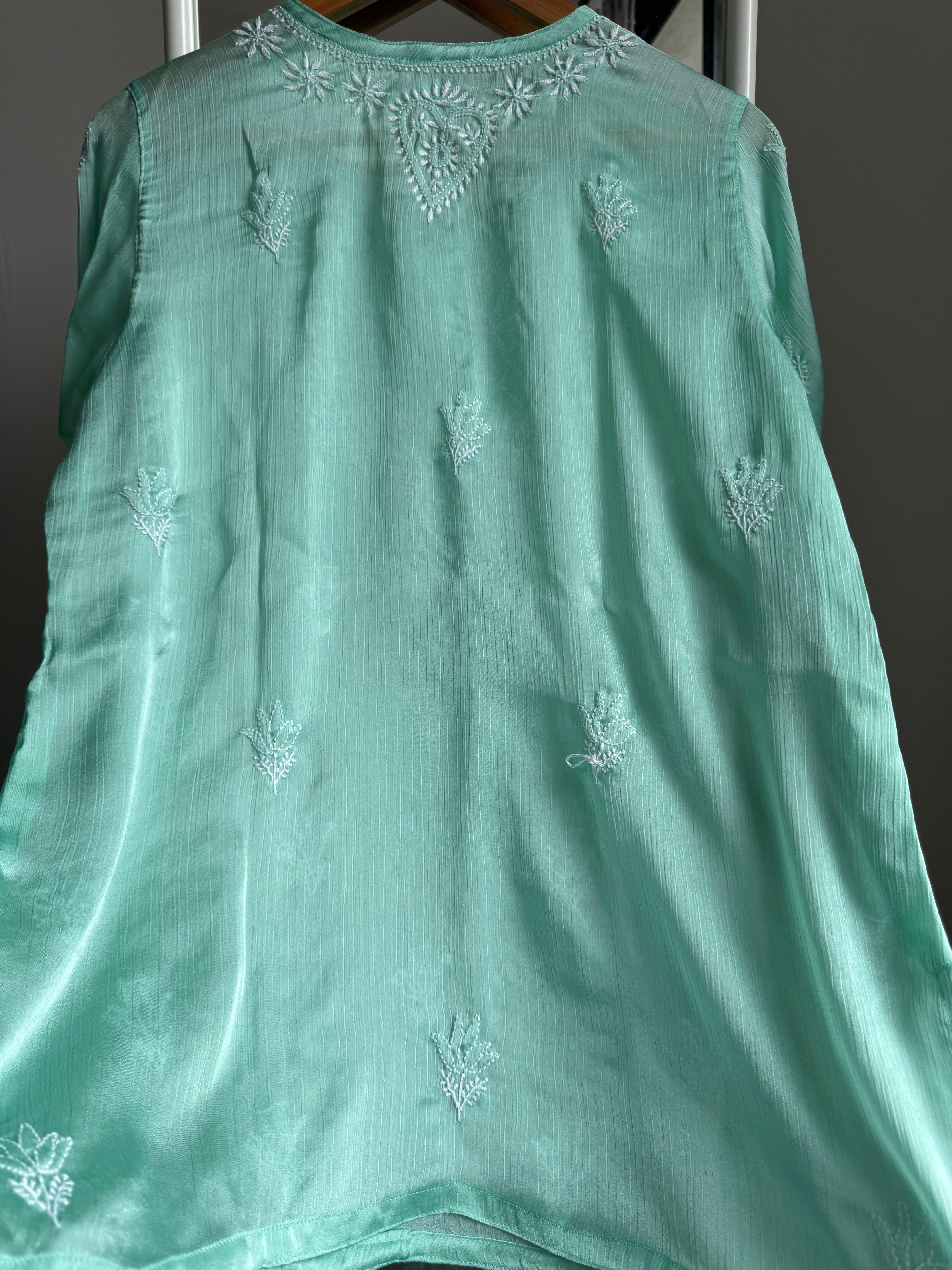 Chikankari Long sleeves short Top in chinon - Green ARIAA CHIKANKARI