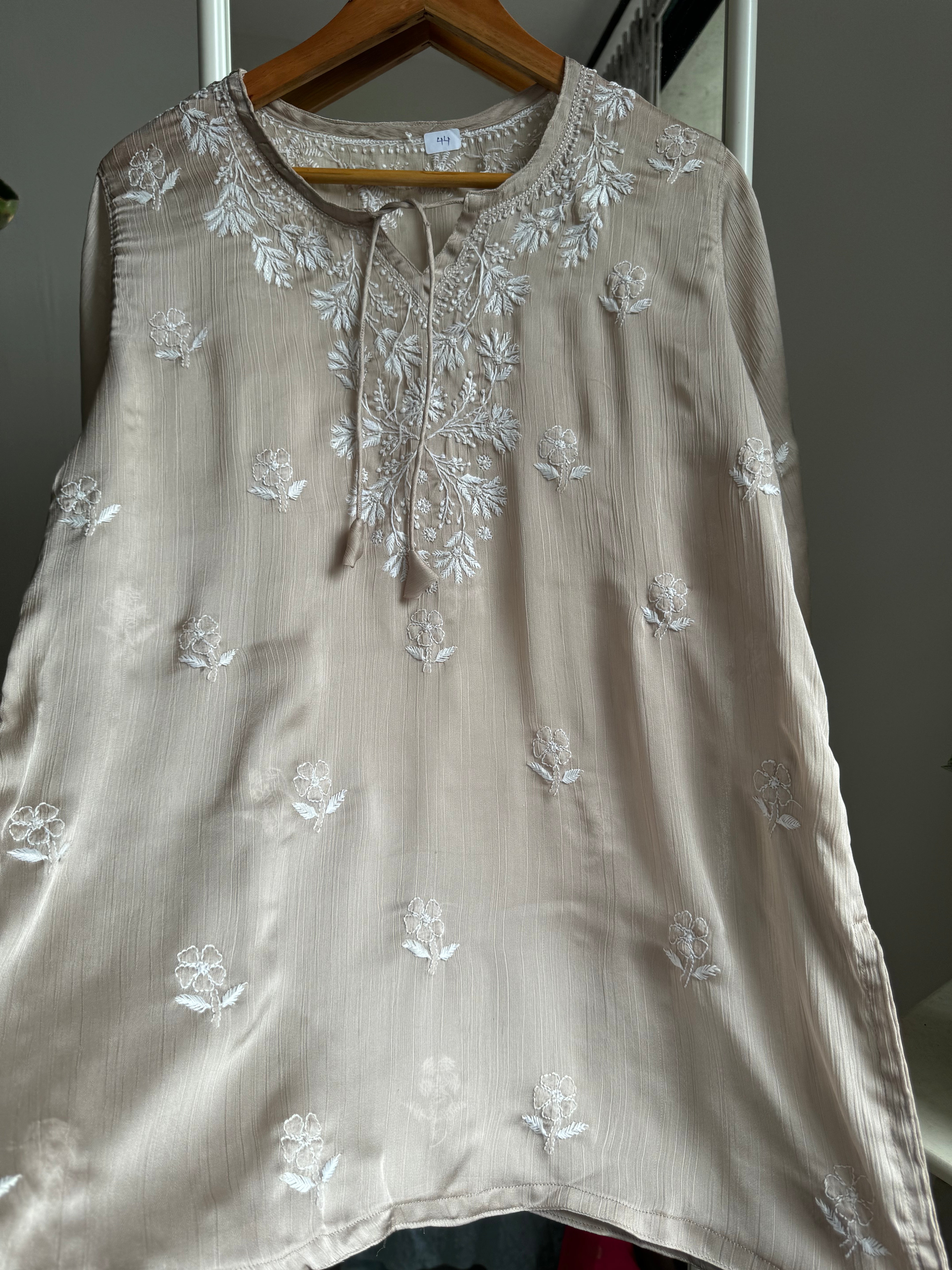 Chikankari Long sleeves short Top in chinon - Beige ARIAA CHIKANKARI