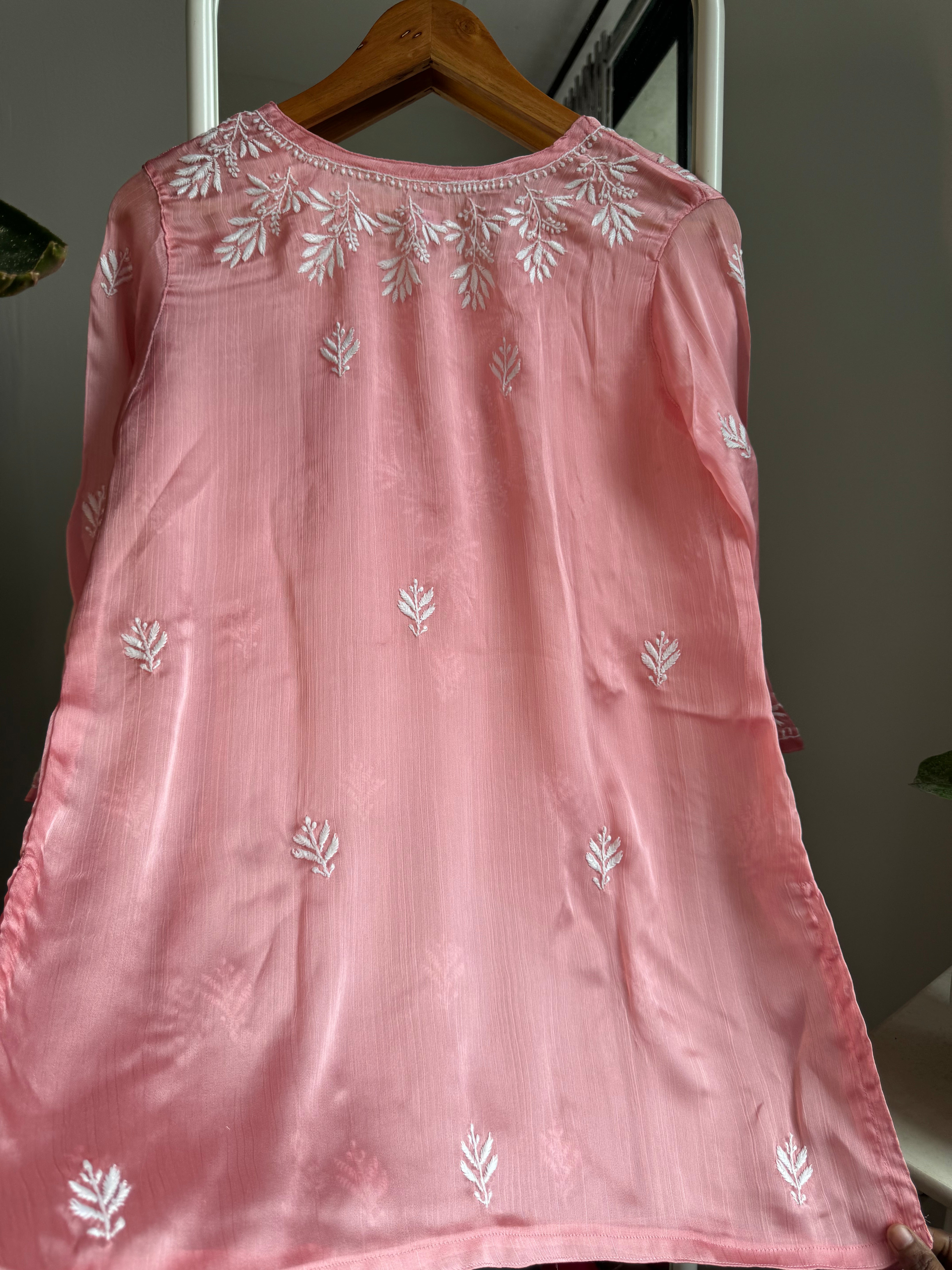 Chikankari Long sleeves short Top in chinon - Pink ARIAA CHIKANKARI