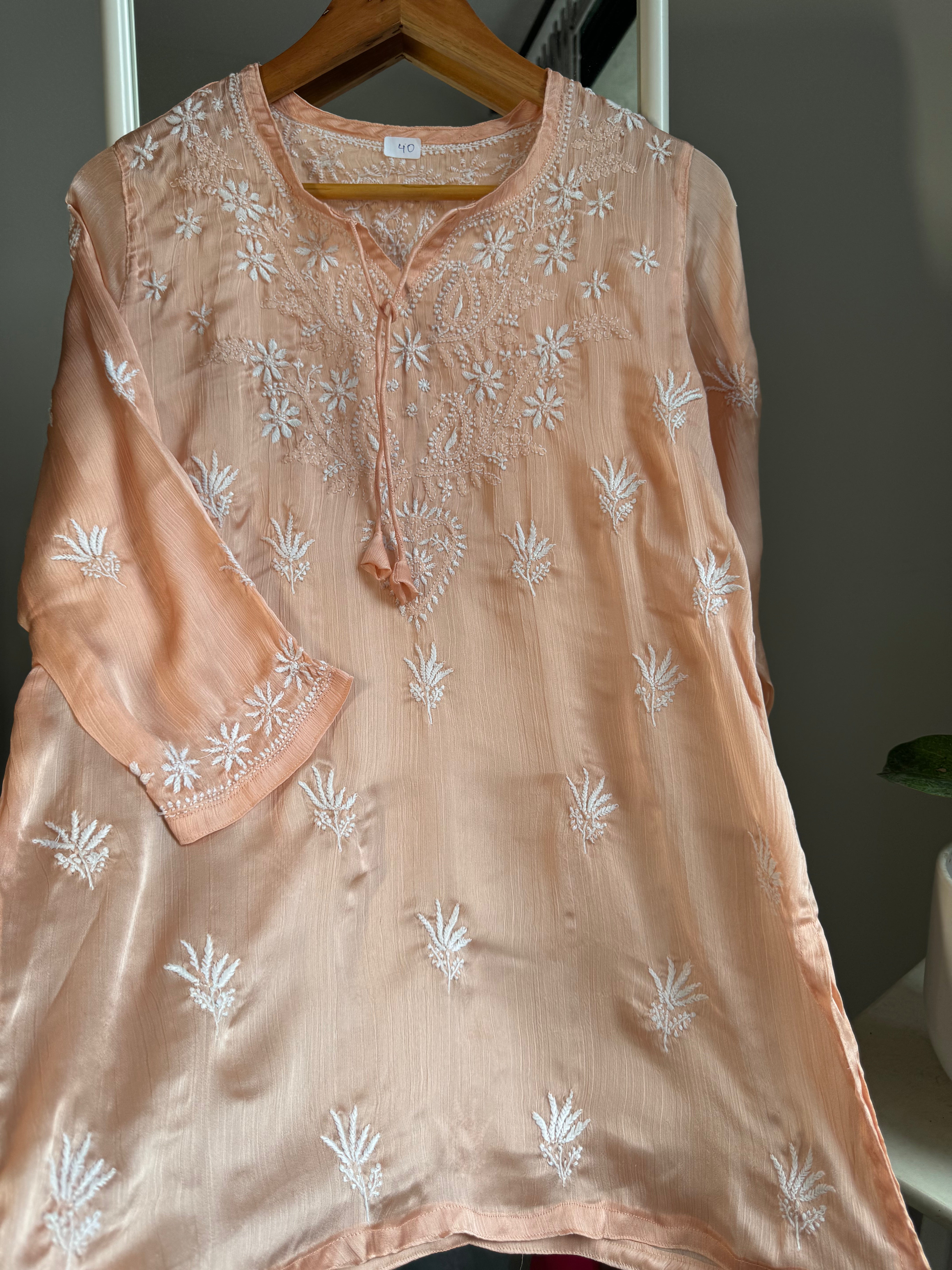 Chikankari Long sleeves short Top in chinon - Peach ARIAA CHIKANKARI