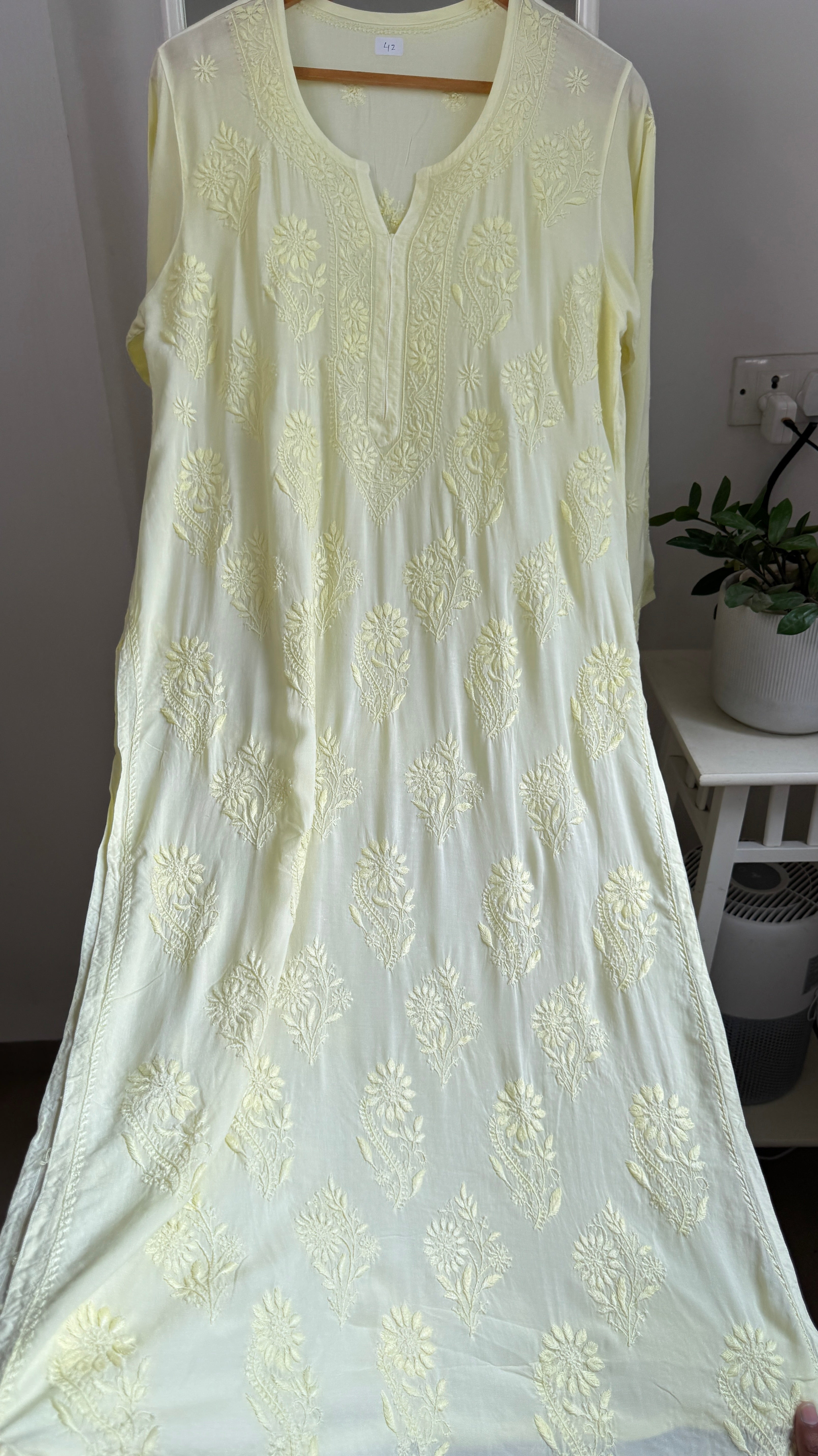 Premium Modal Chikankari Cotton Kurti -Lemon Yellow - Noor Collection
