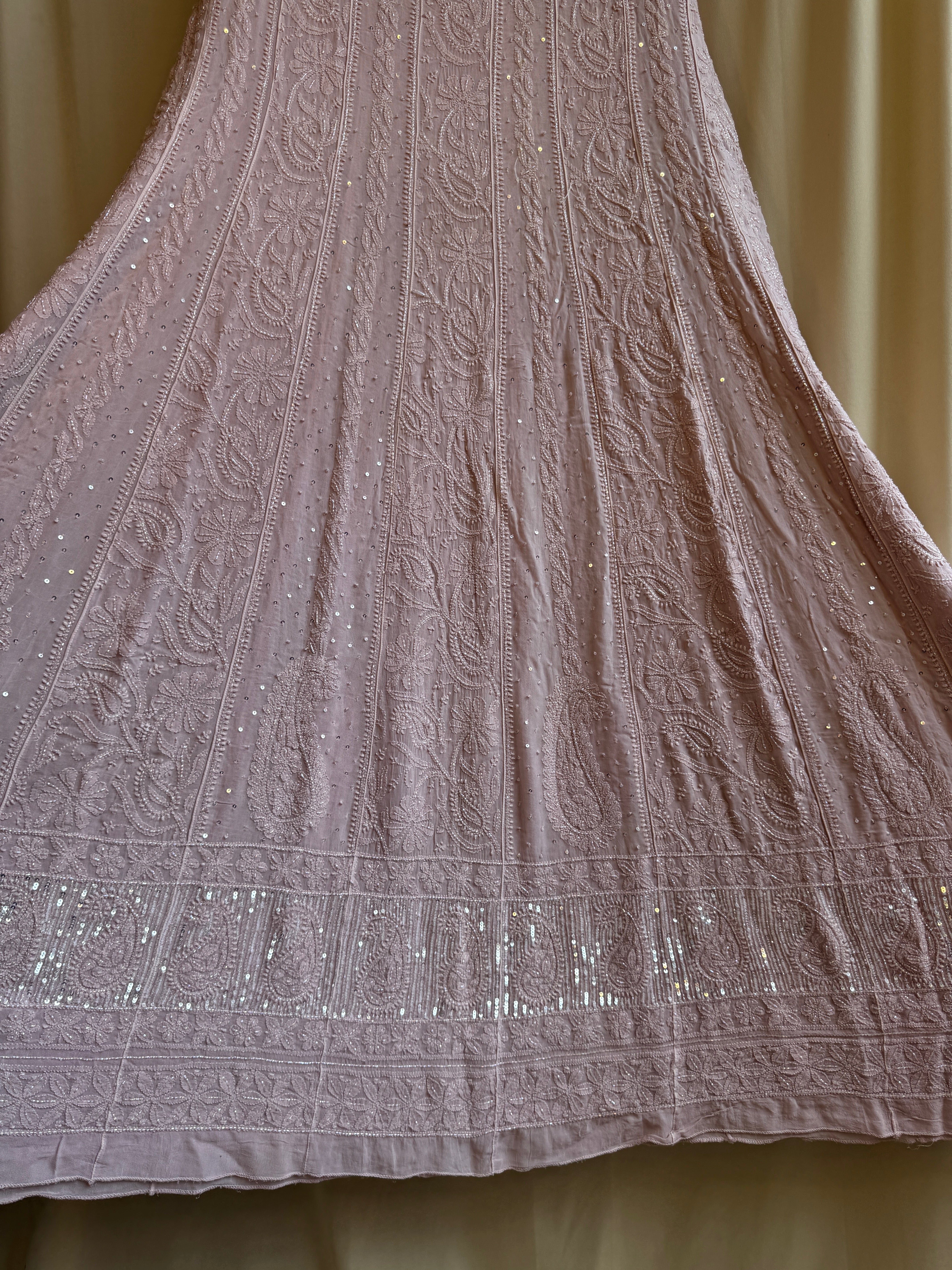 Viscose Anarkali - Semi Stitched - Pearl Work - Rose Pink ARIAA CHIKANKARI