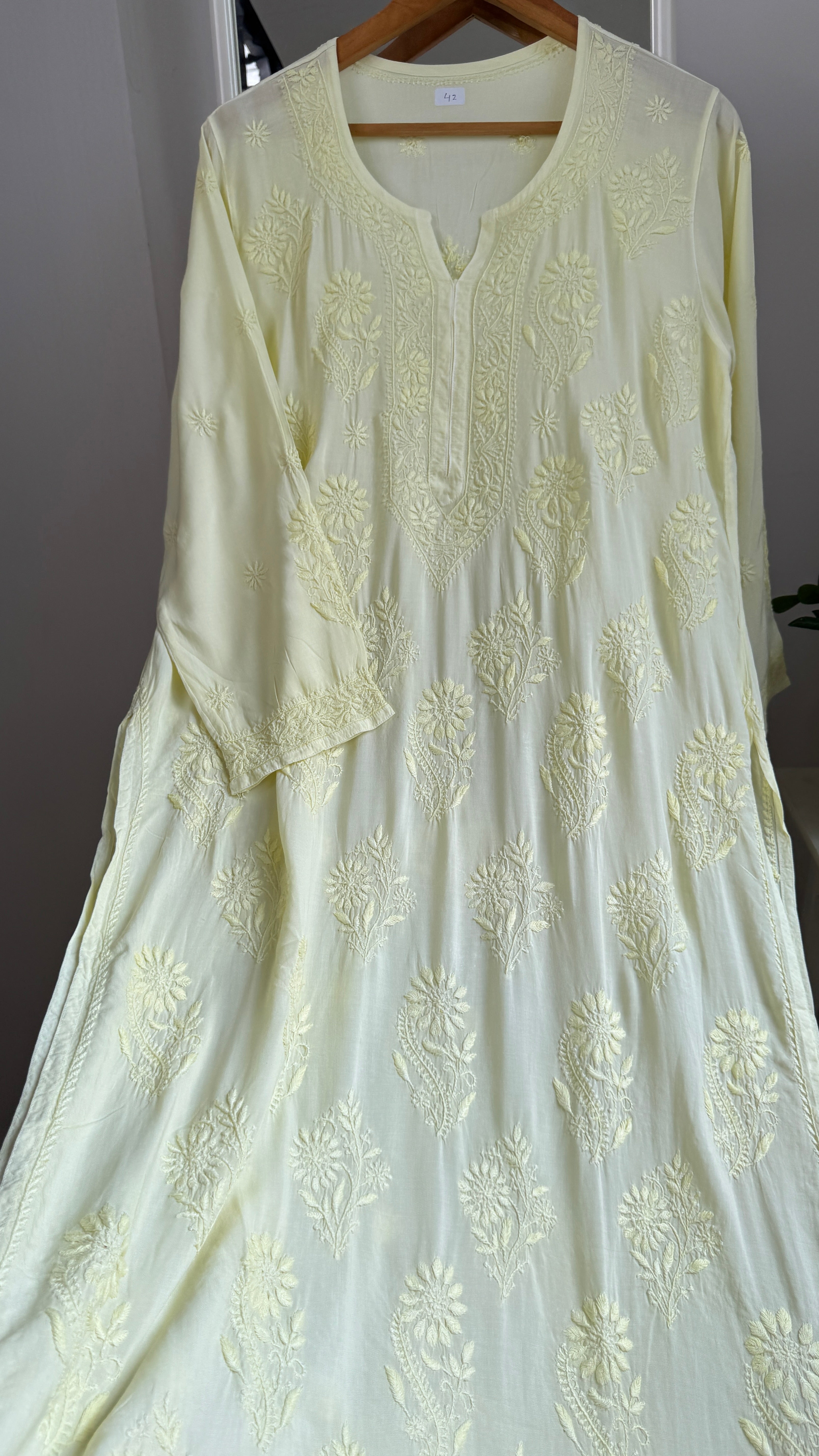 Premium Modal Chikankari Cotton Kurti -Lemon Yellow - Noor Collection