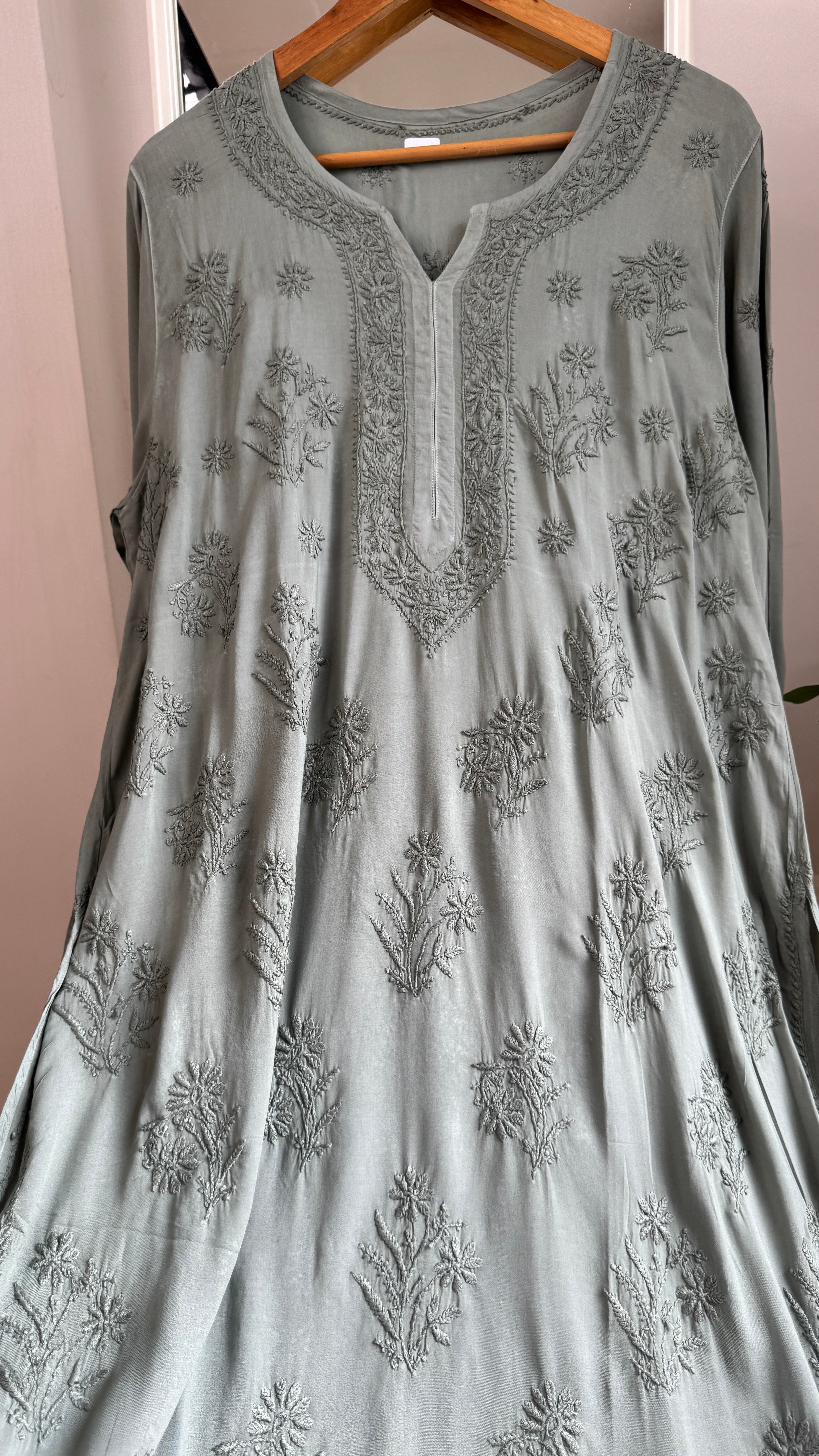 Premium Modal Chikankari Cotton Kurti - Deep Sage Green - Noor Collection