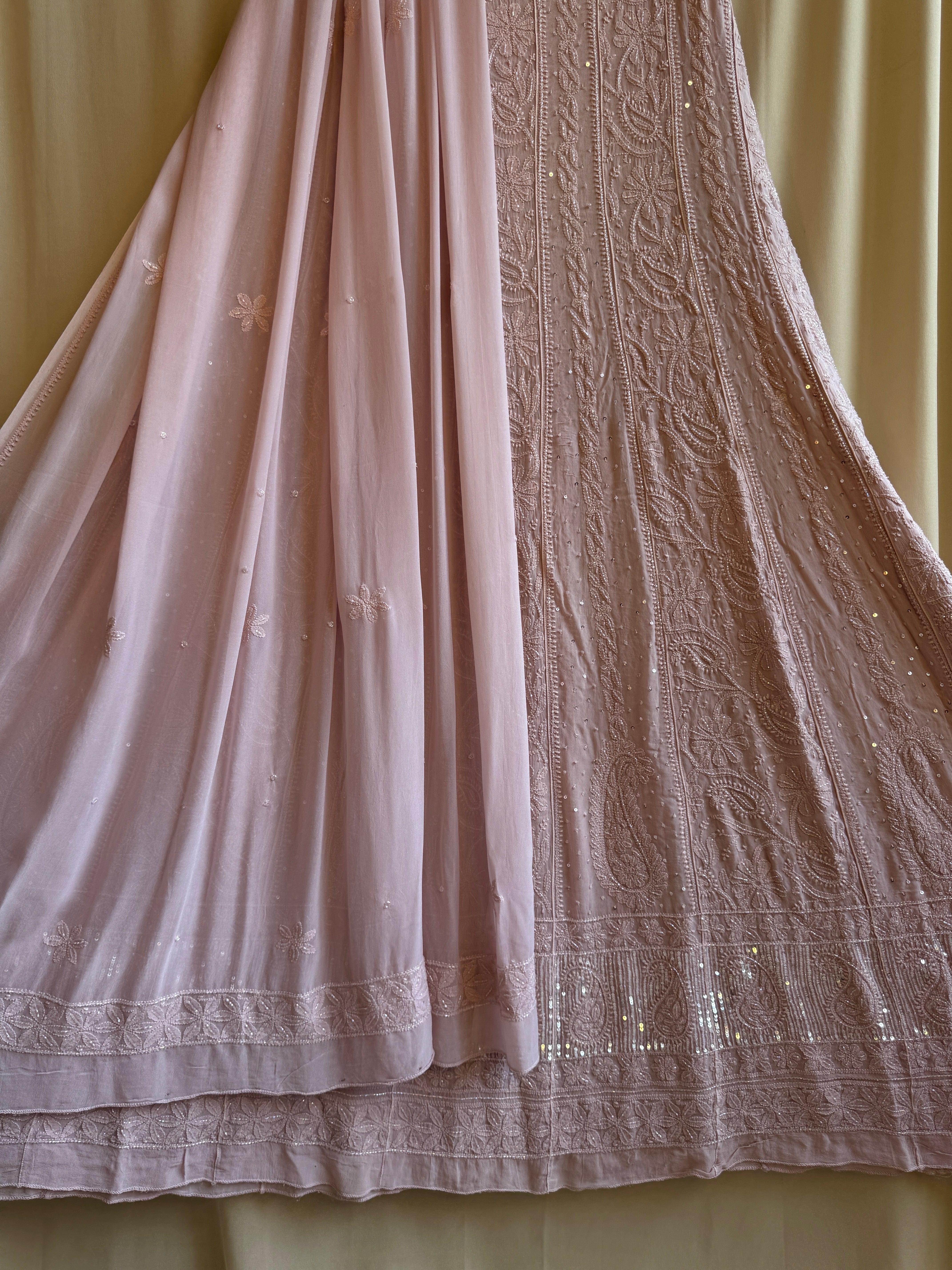 Viscose Anarkali - Semi Stitched - Pearl Work - Rose Pink ARIAA CHIKANKARI