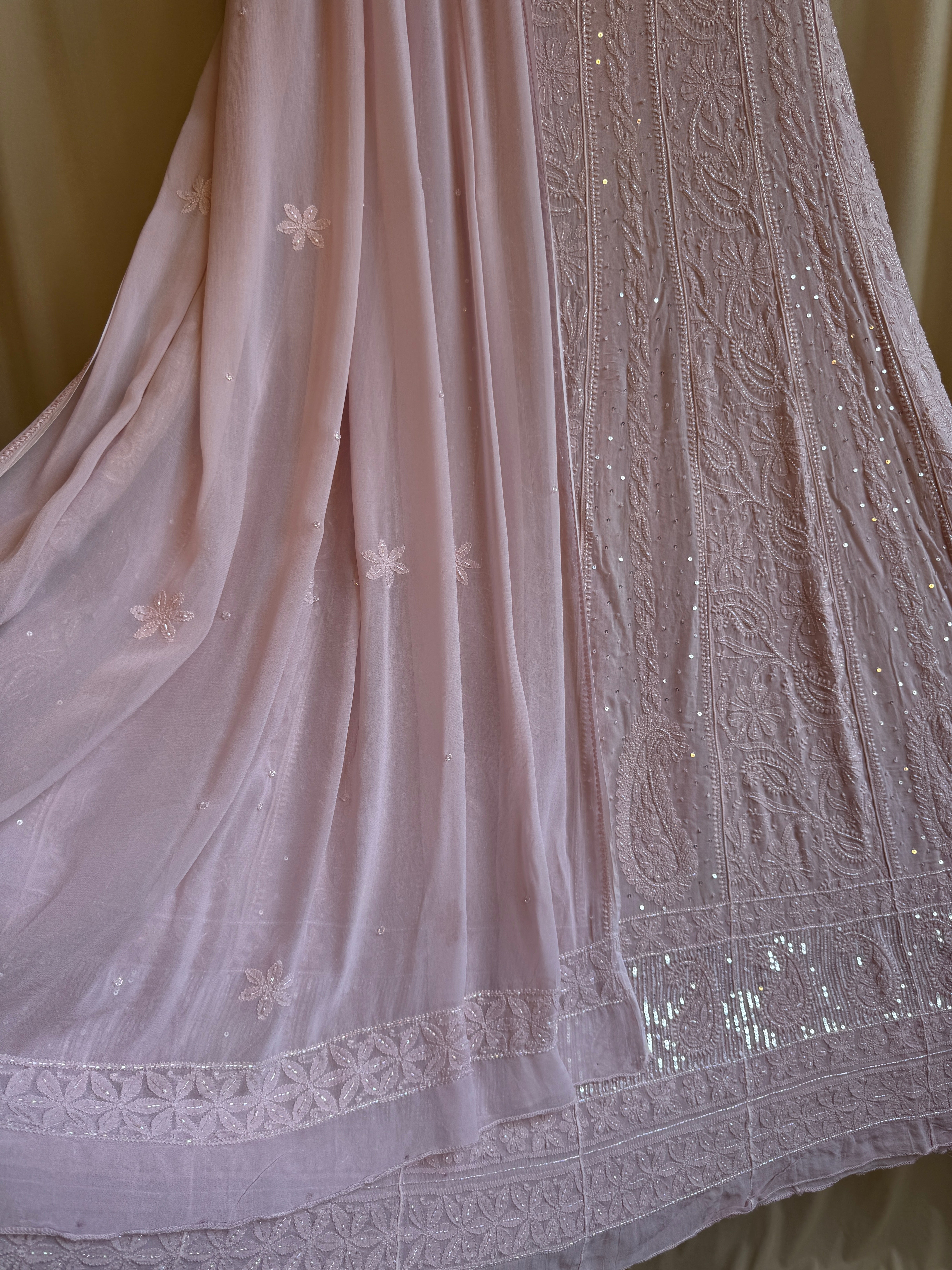 Viscose Anarkali - Semi Stitched - Pearl Work - Rose Pink ARIAA CHIKANKARI