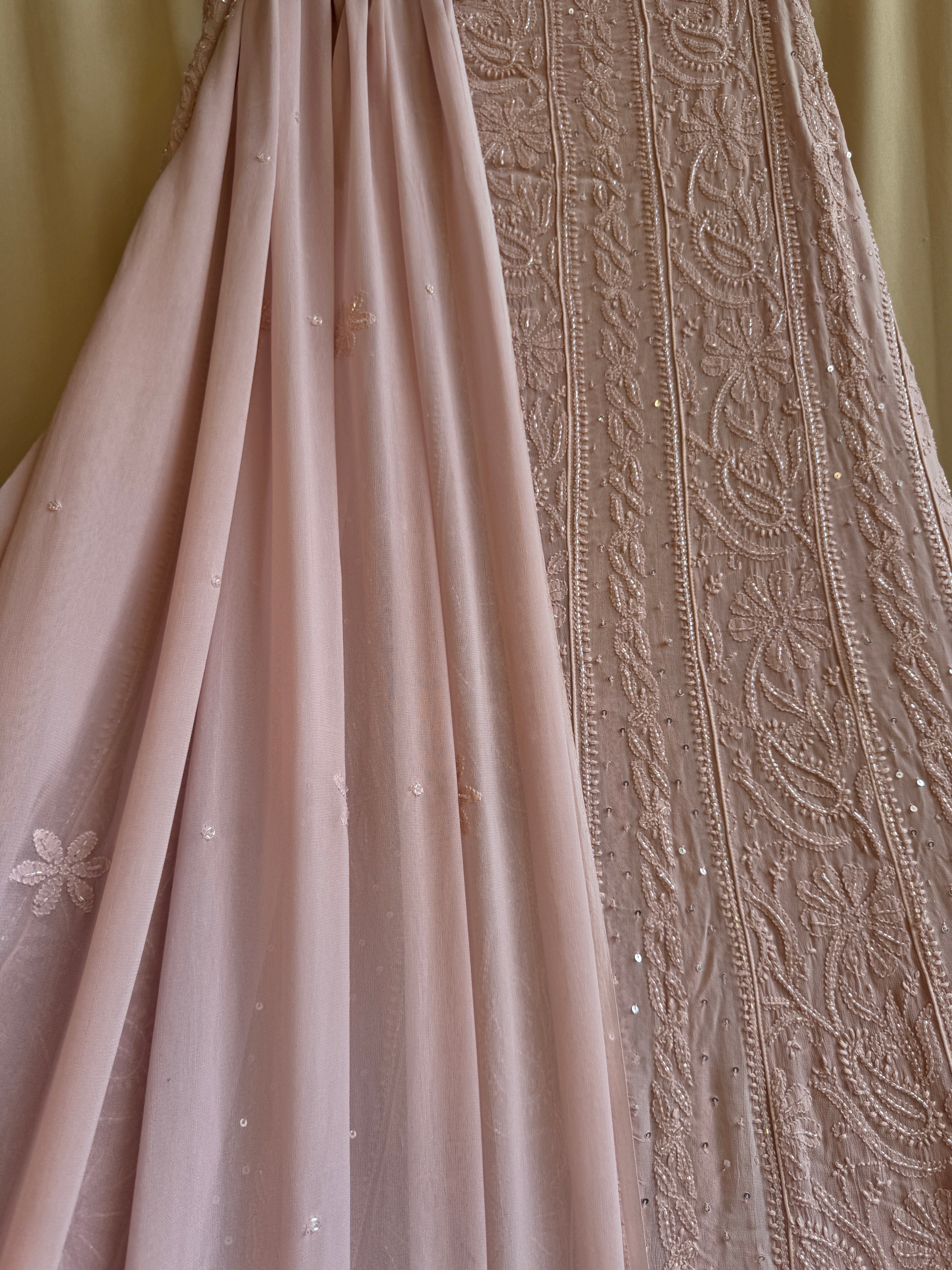 Viscose Anarkali - Semi Stitched - Pearl Work - Rose Pink ARIAA CHIKANKARI