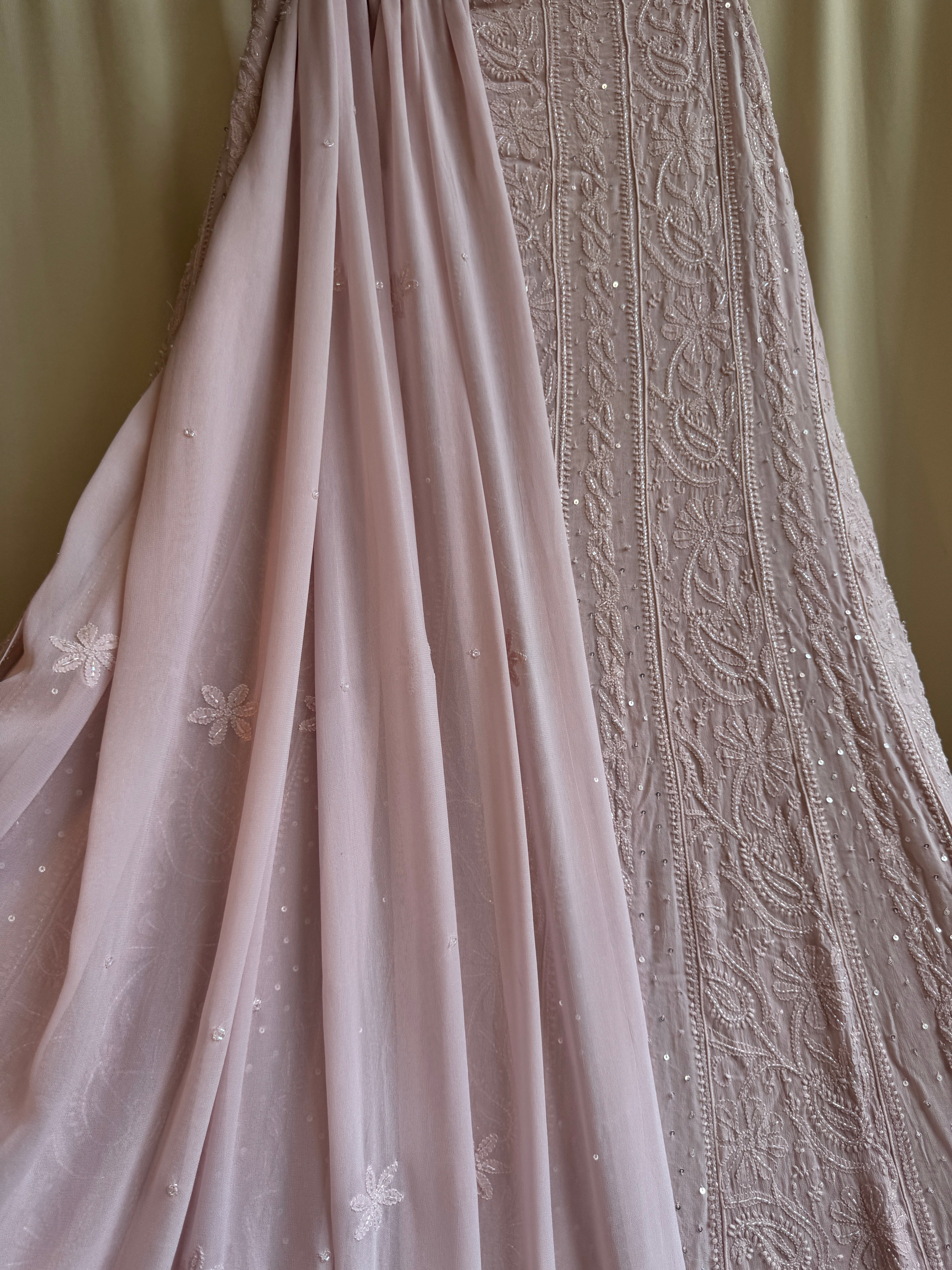 Viscose Anarkali - Semi Stitched - Pearl Work - Rose Pink ARIAA CHIKANKARI