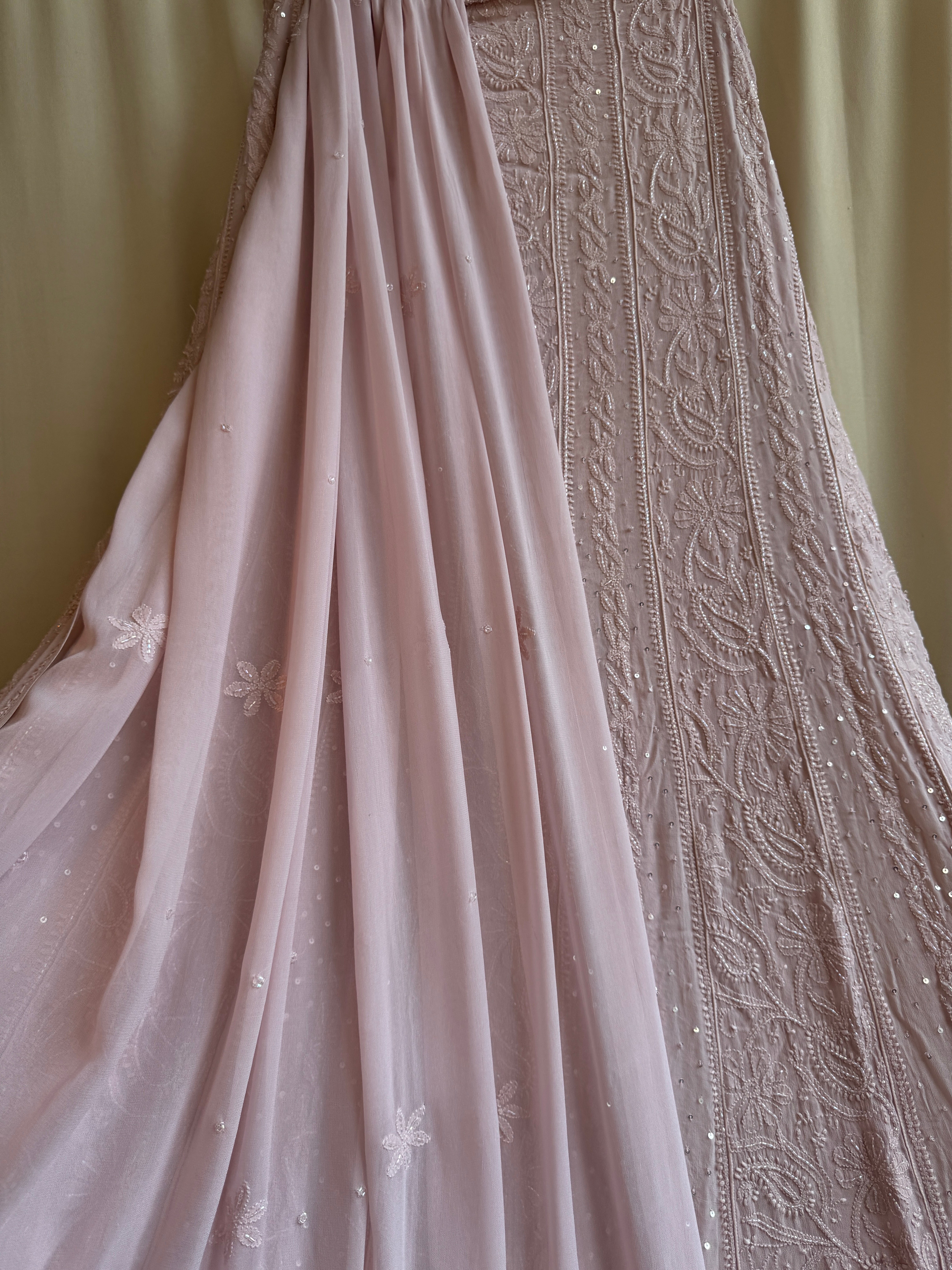 Viscose Anarkali - Semi Stitched - Pearl Work - Rose Pink ARIAA CHIKANKARI