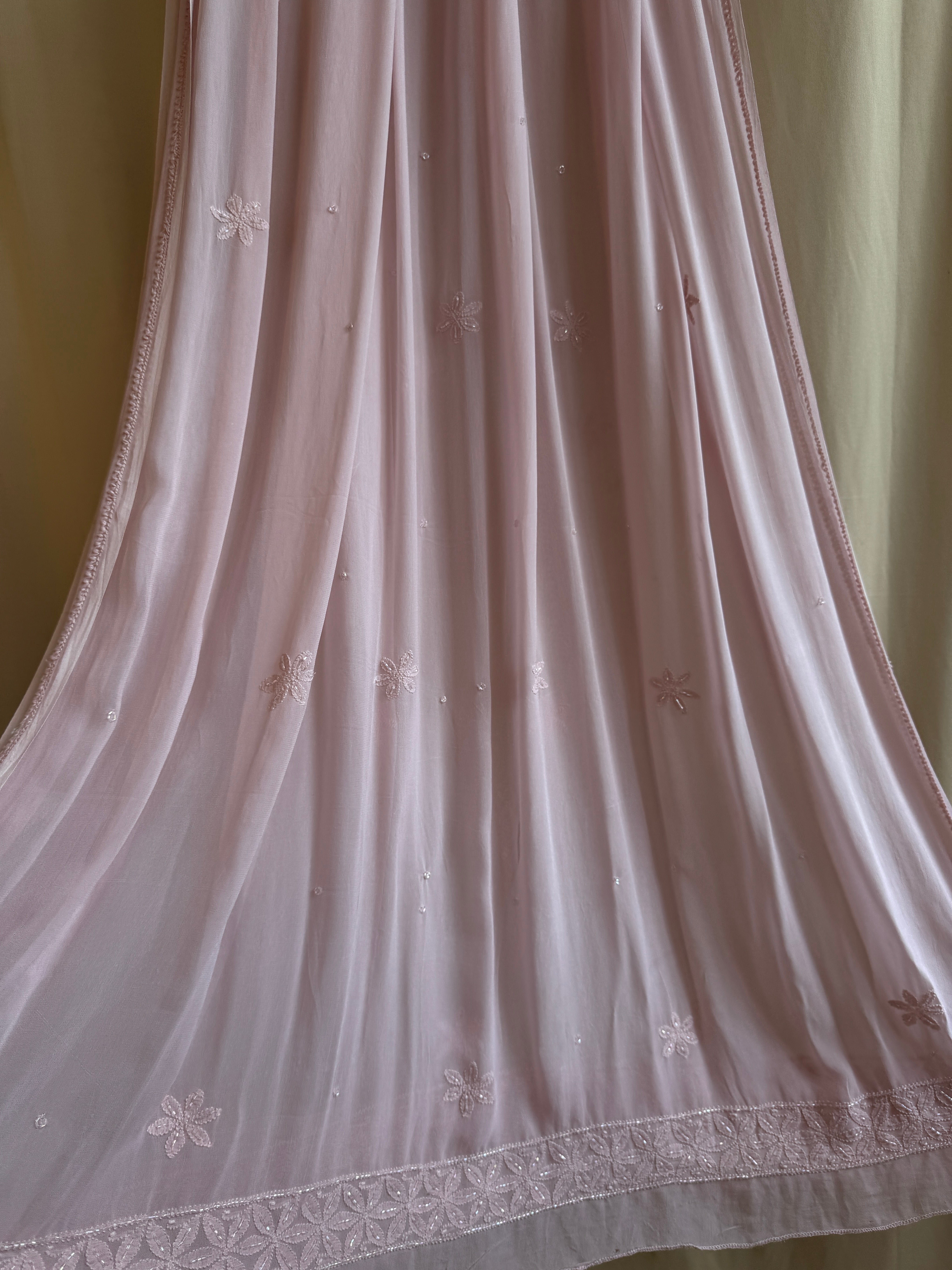 Viscose Anarkali - Semi Stitched - Pearl Work - Rose Pink ARIAA CHIKANKARI