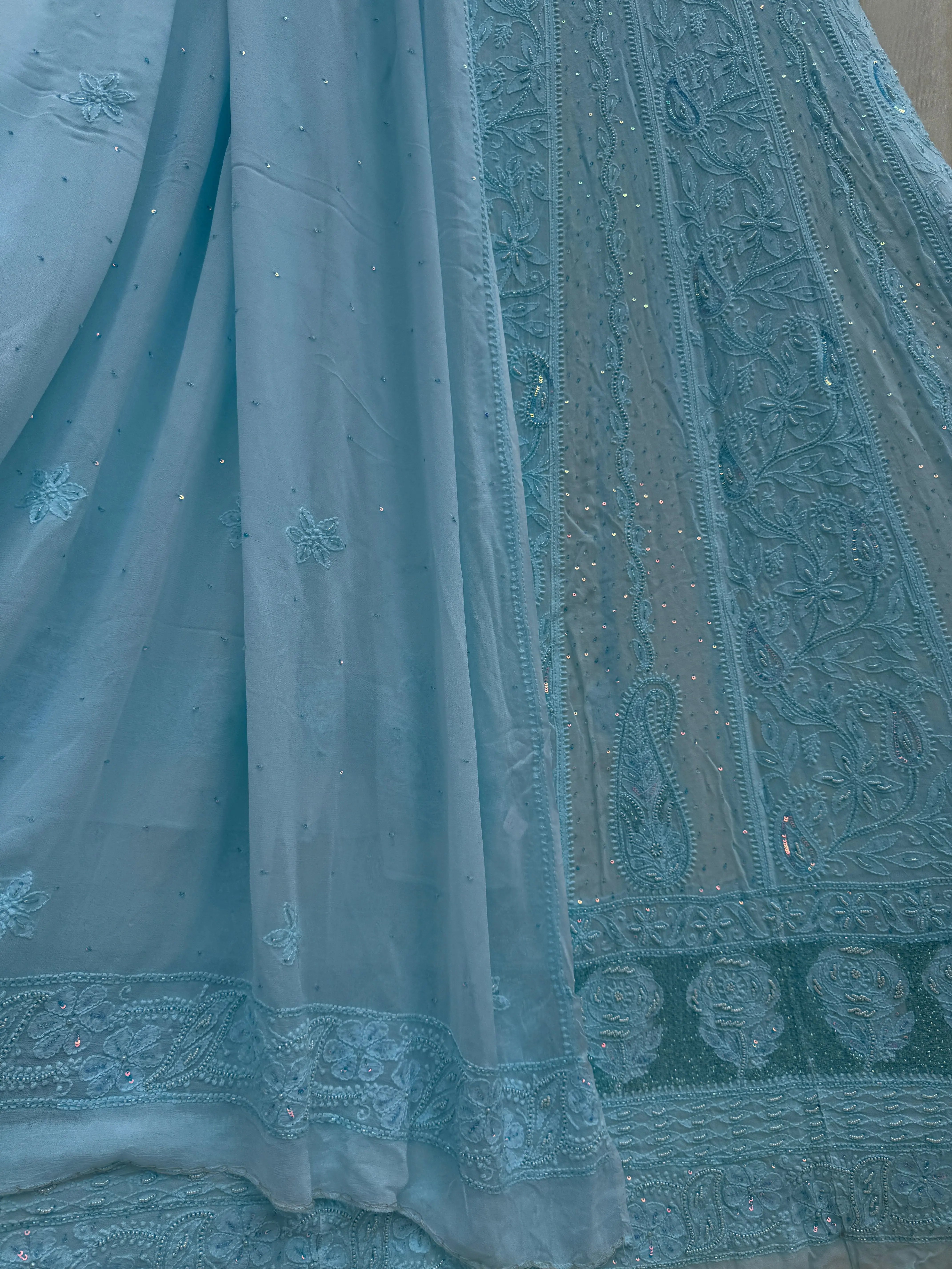 Viscose Anarkali - Semi Stitched - Pearl Work - Blue ARIAA CHIKANKARI