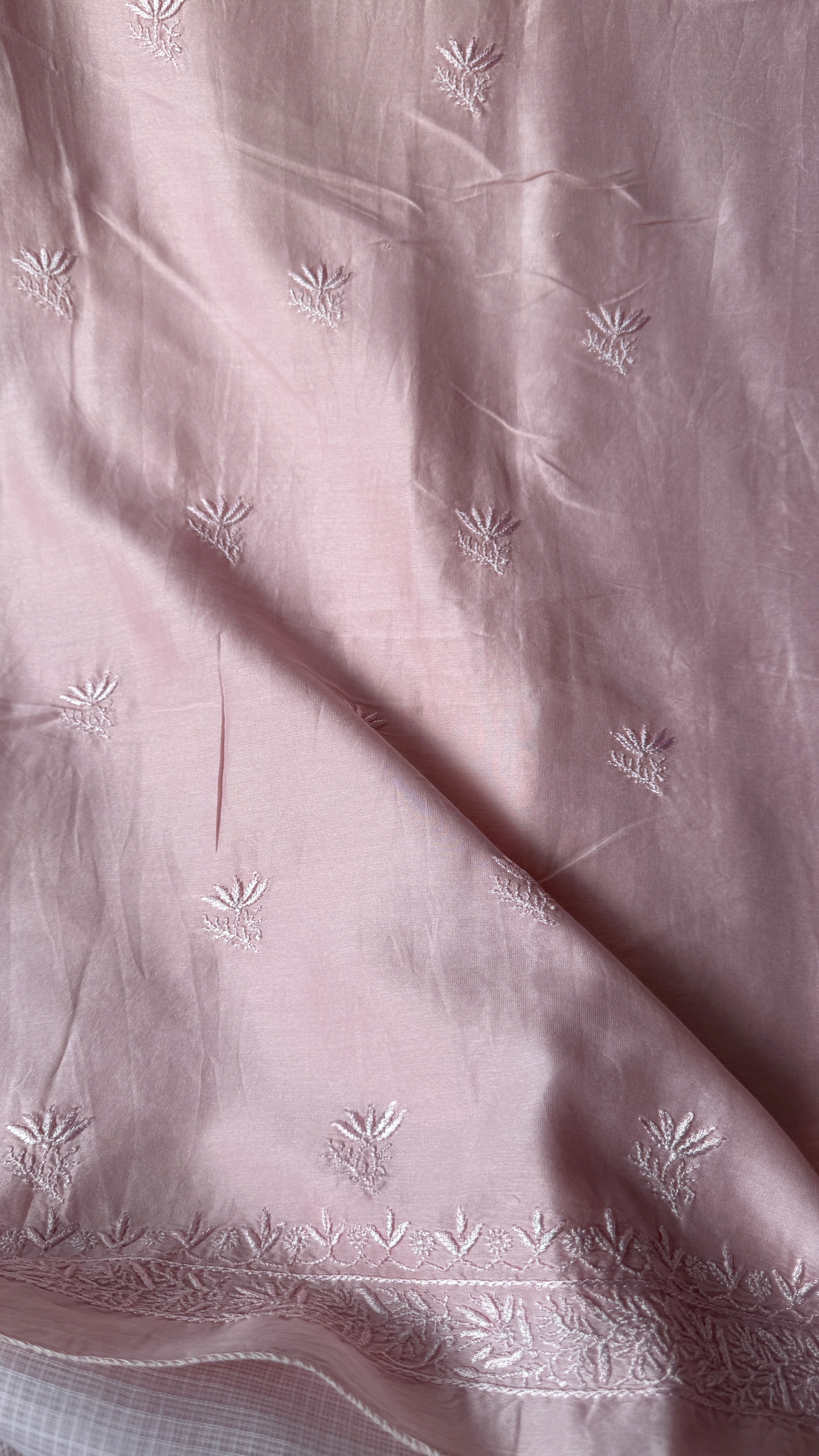 Chanderi Chikankari Kurta Length - Mens- Pale pink