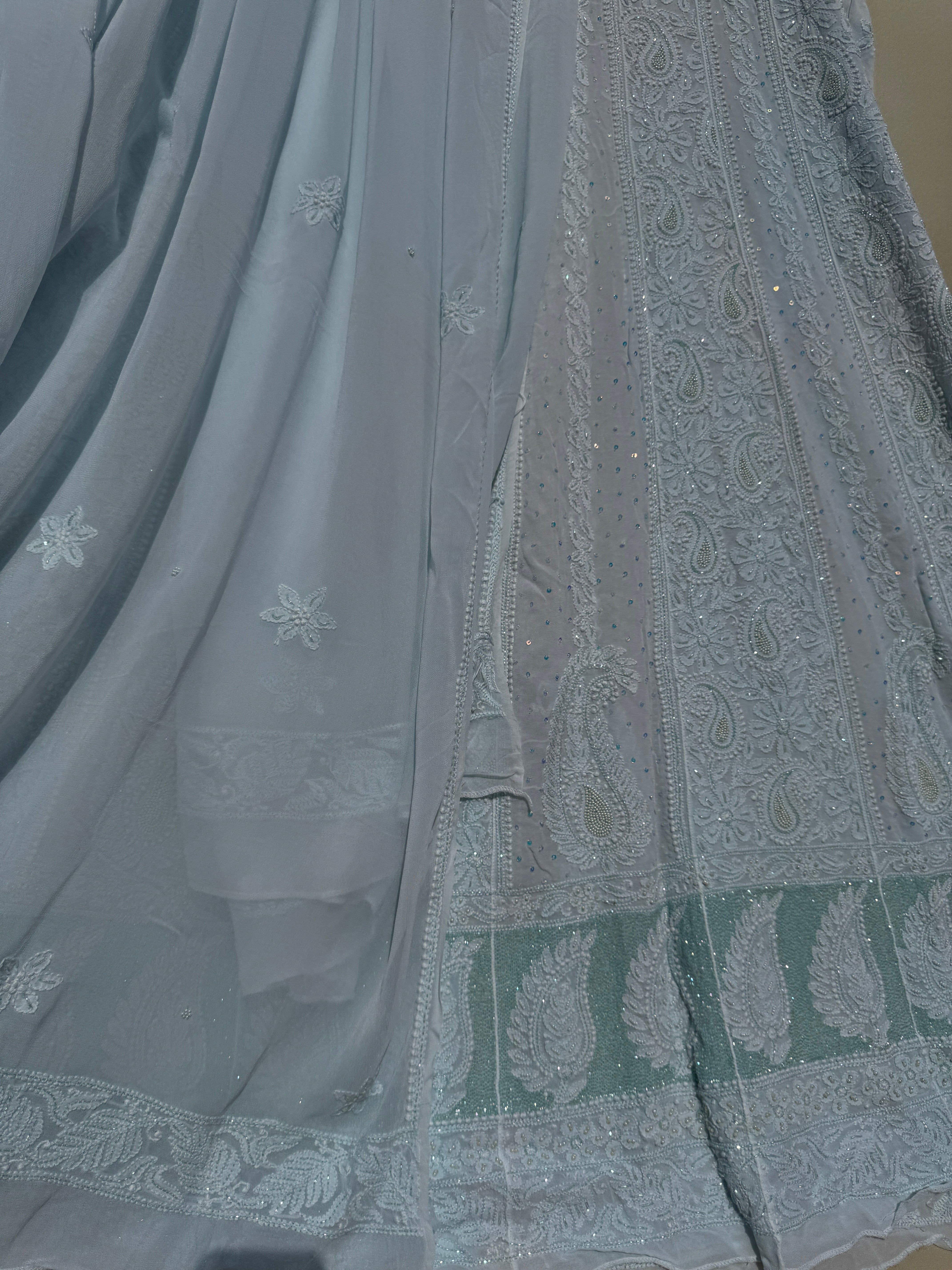 Viscose Anarkali - Semi Stitched - Pearl Work -Light Blue ARIAA CHIKANKARI