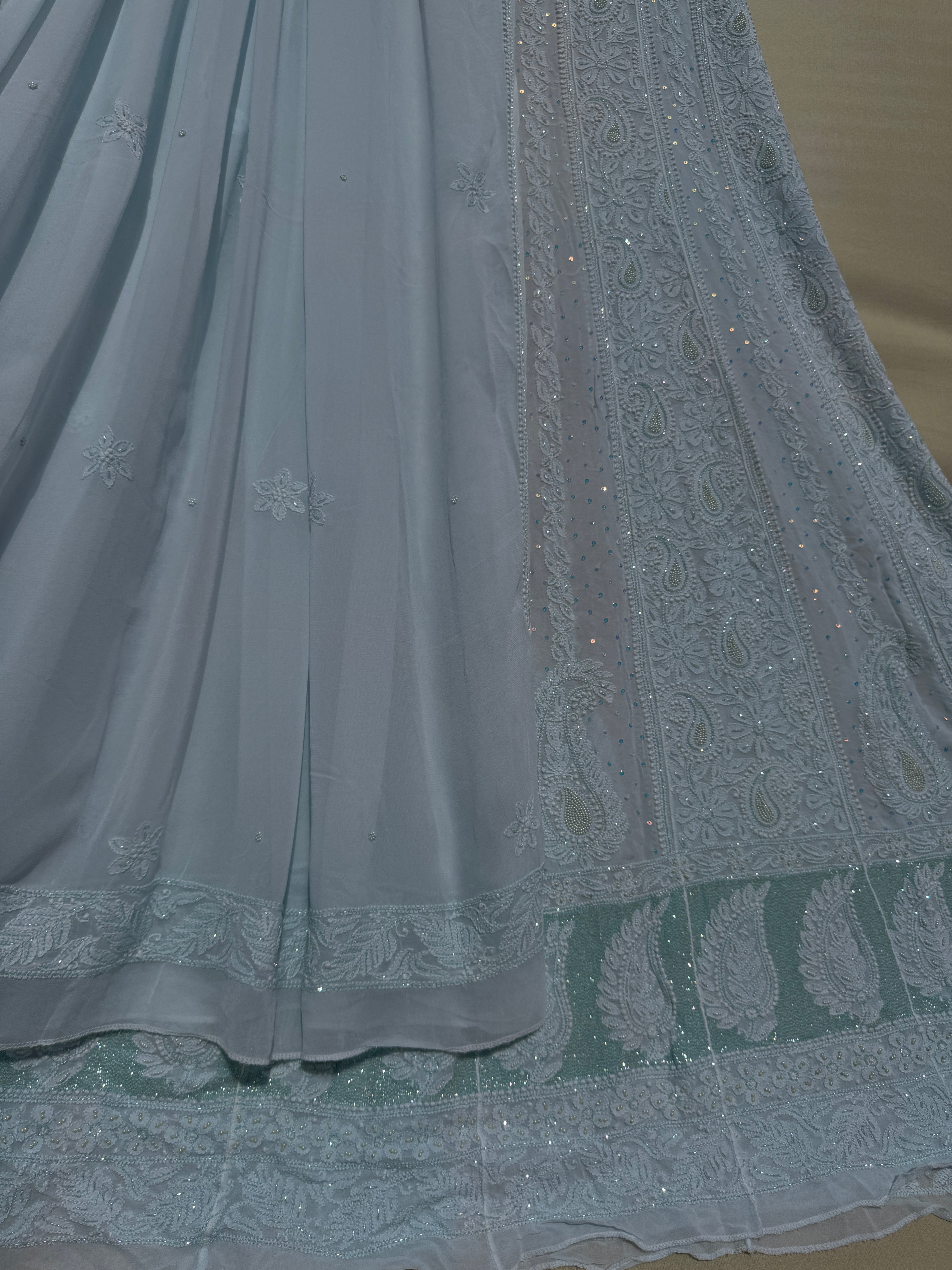 Viscose Anarkali - Semi Stitched - Pearl Work -Light Blue ARIAA CHIKANKARI