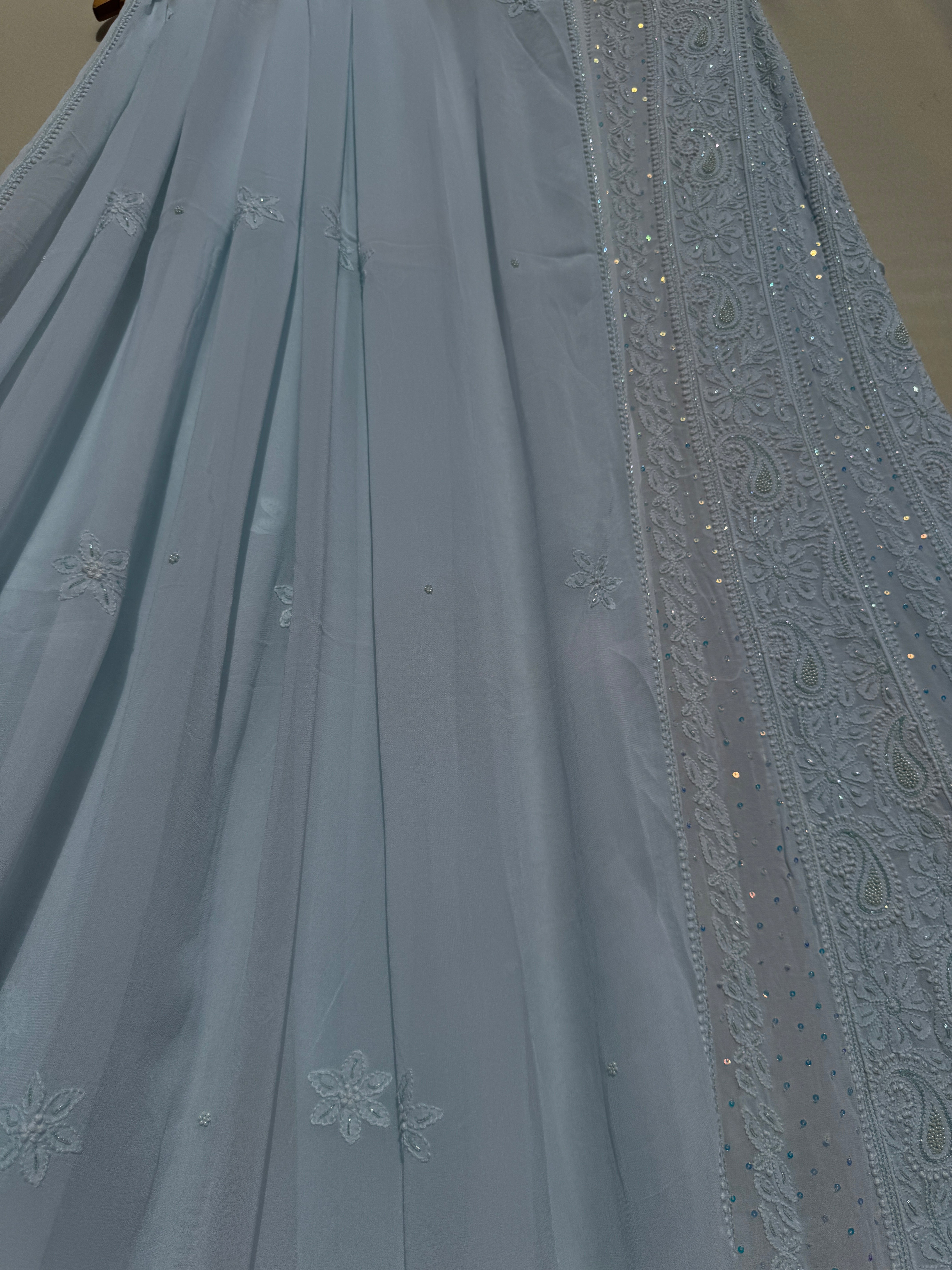 Viscose Anarkali - Semi Stitched - Pearl Work -Light Blue ARIAA CHIKANKARI