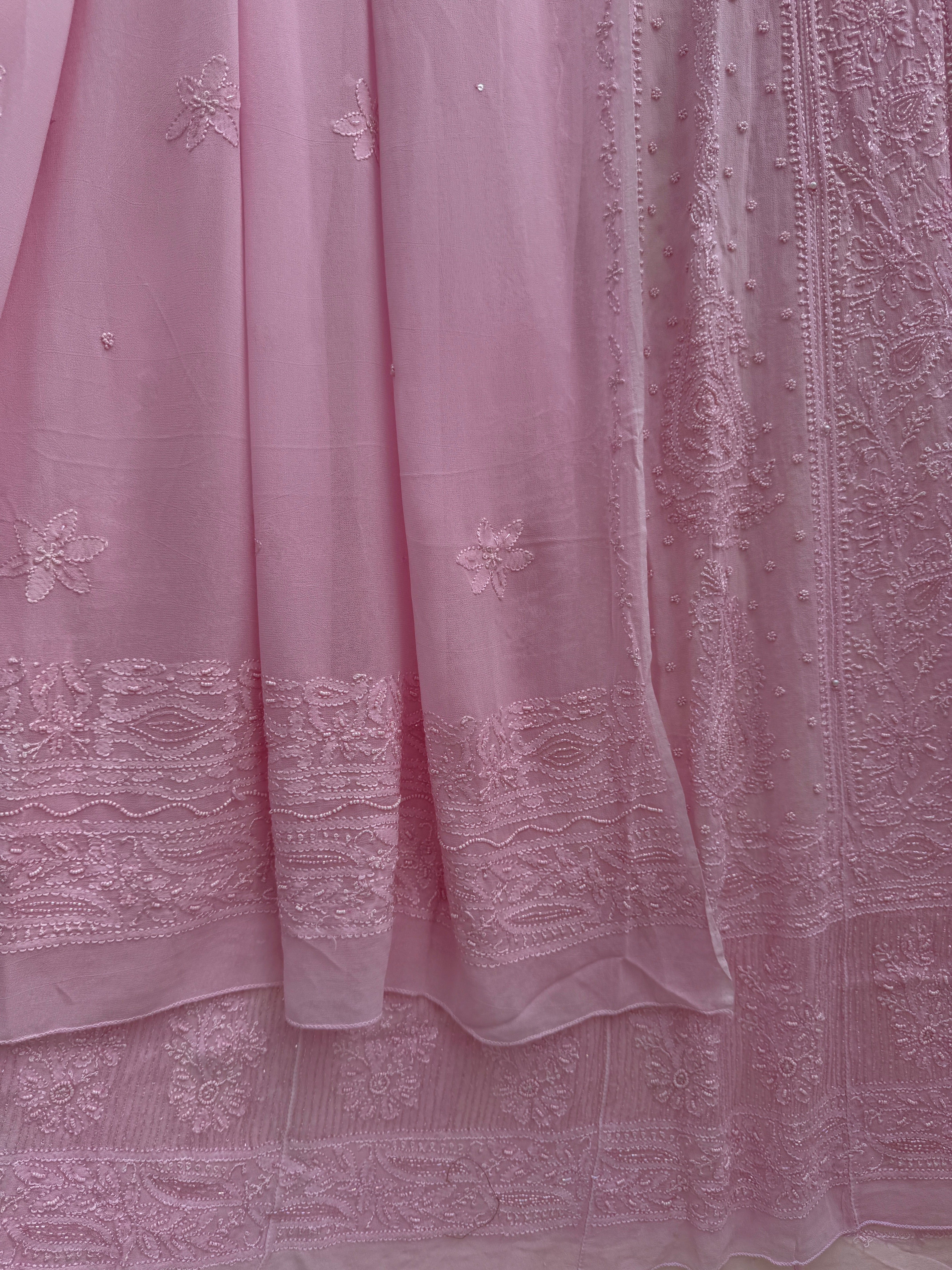Viscose Anarkali - Semi Stitched - Pearl Work - Pink