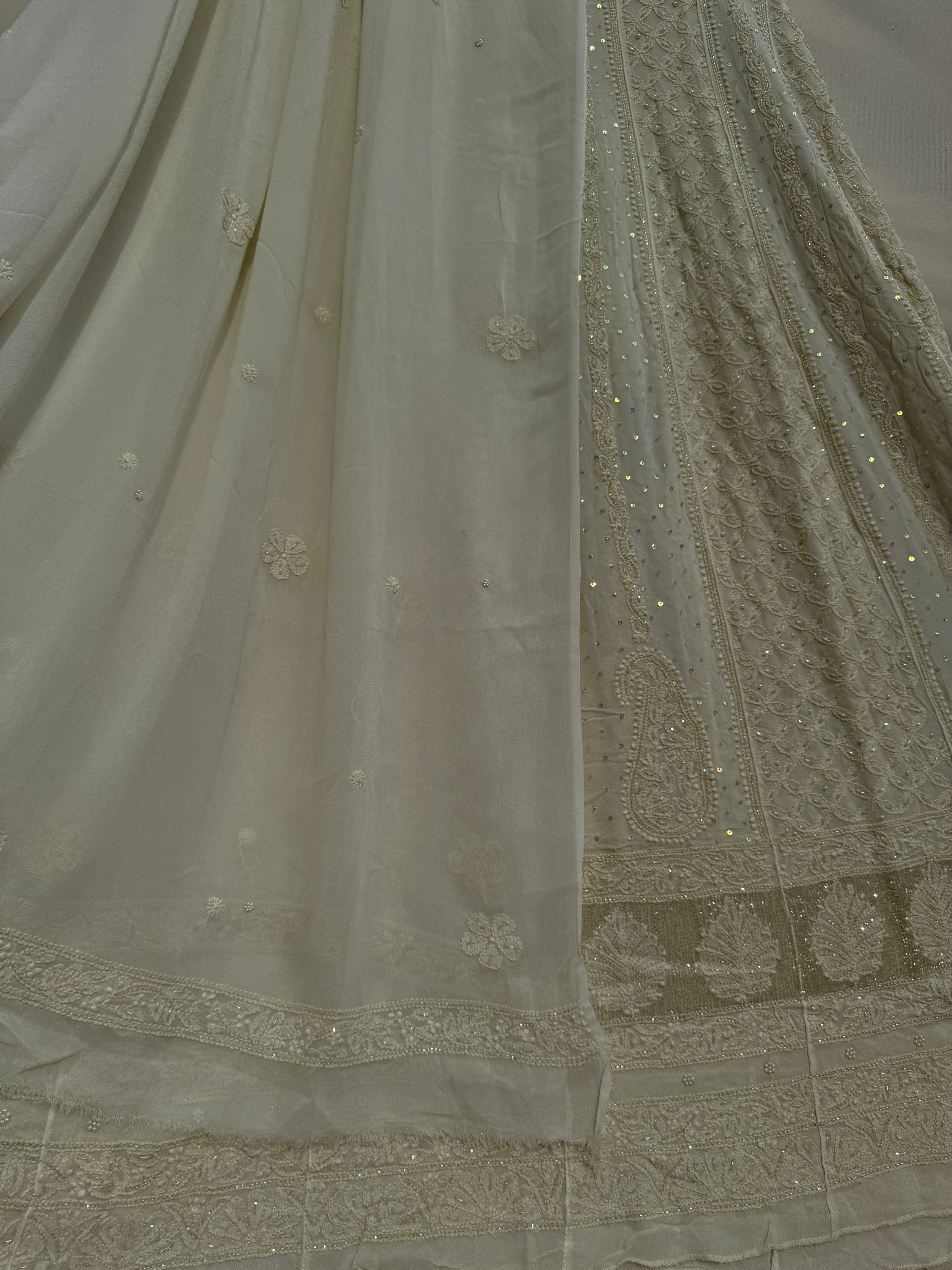 Viscose Anarkali - Semi Stitched - Pearl Work - Ivory Pistachio Green ARIAA CHIKANKARI
