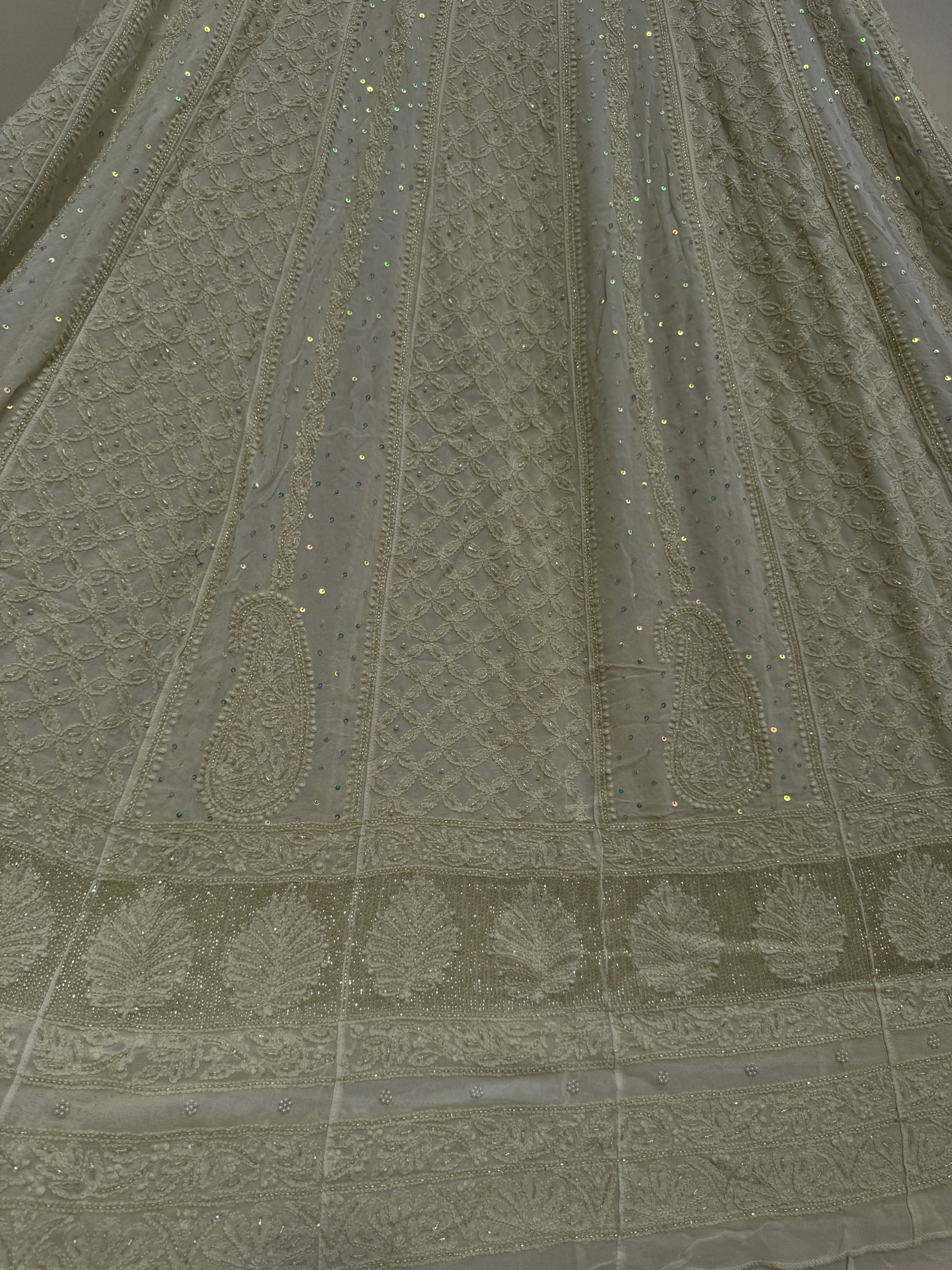 Viscose Anarkali - Semi Stitched - Pearl Work - Ivory Pistachio Green ARIAA CHIKANKARI