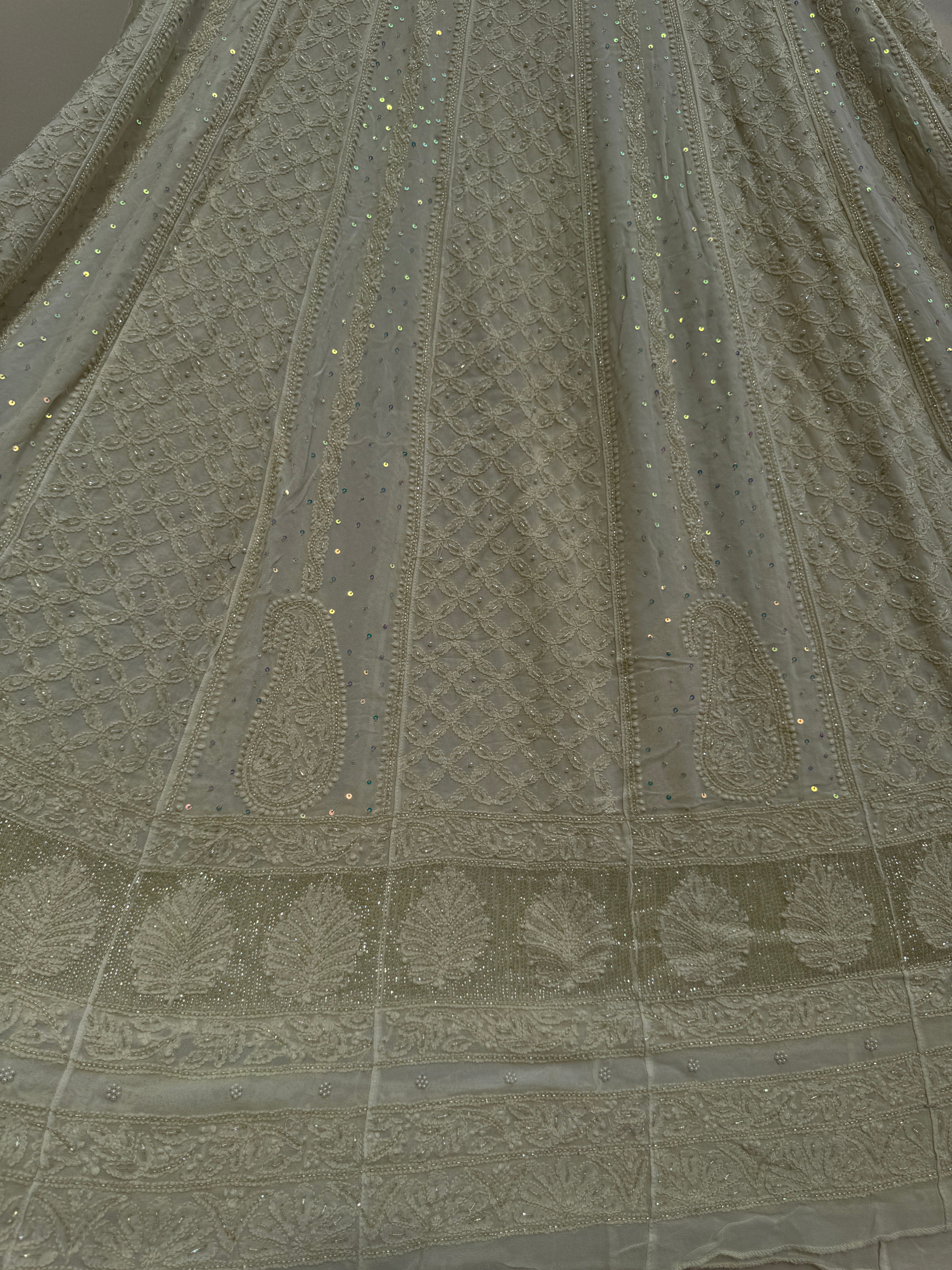 Viscose Anarkali - Semi Stitched - Pearl Work - Ivory Pistachio Green ARIAA CHIKANKARI