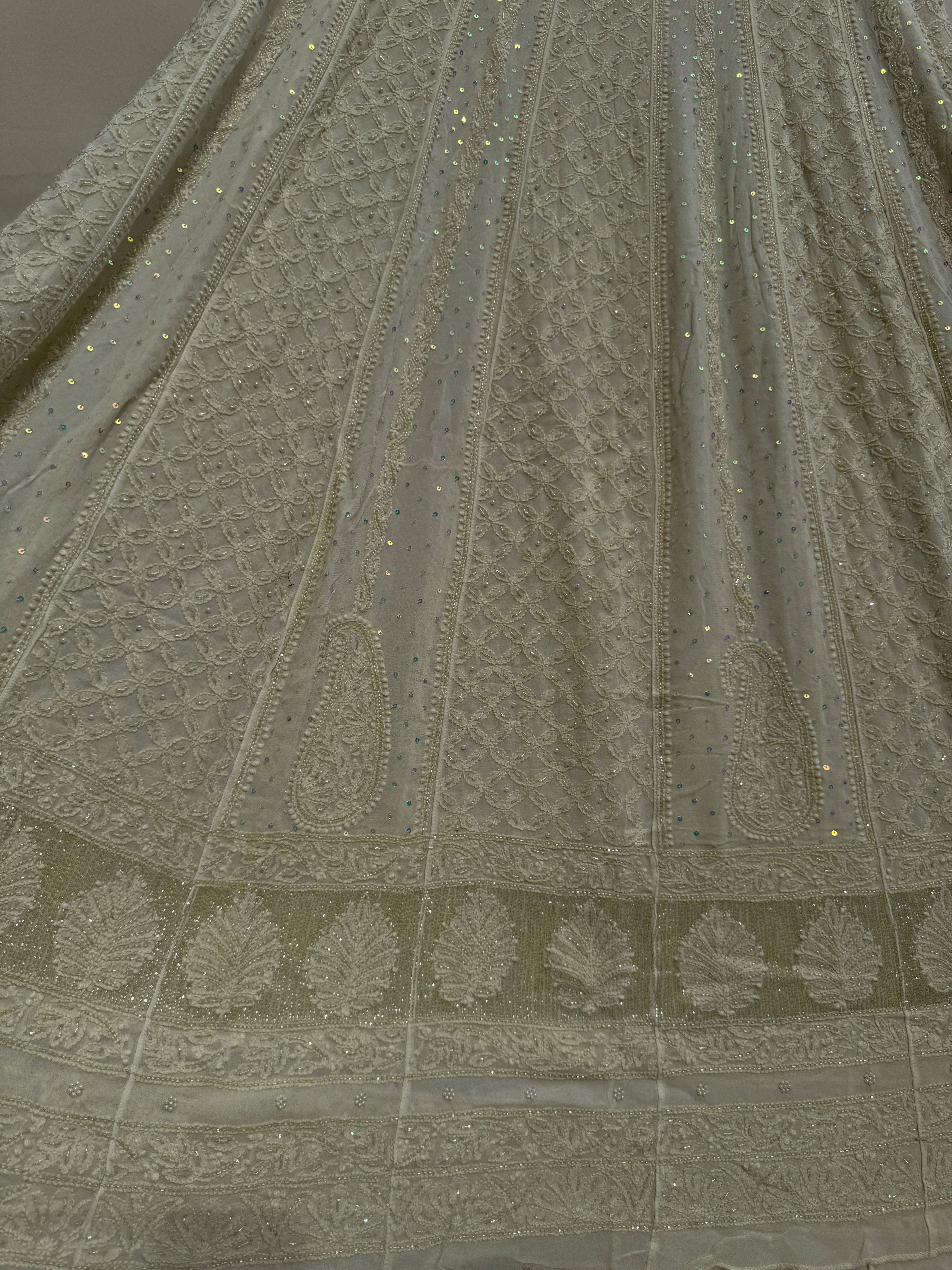 Viscose Anarkali - Semi Stitched - Pearl Work - Ivory Pistachio Green ARIAA CHIKANKARI