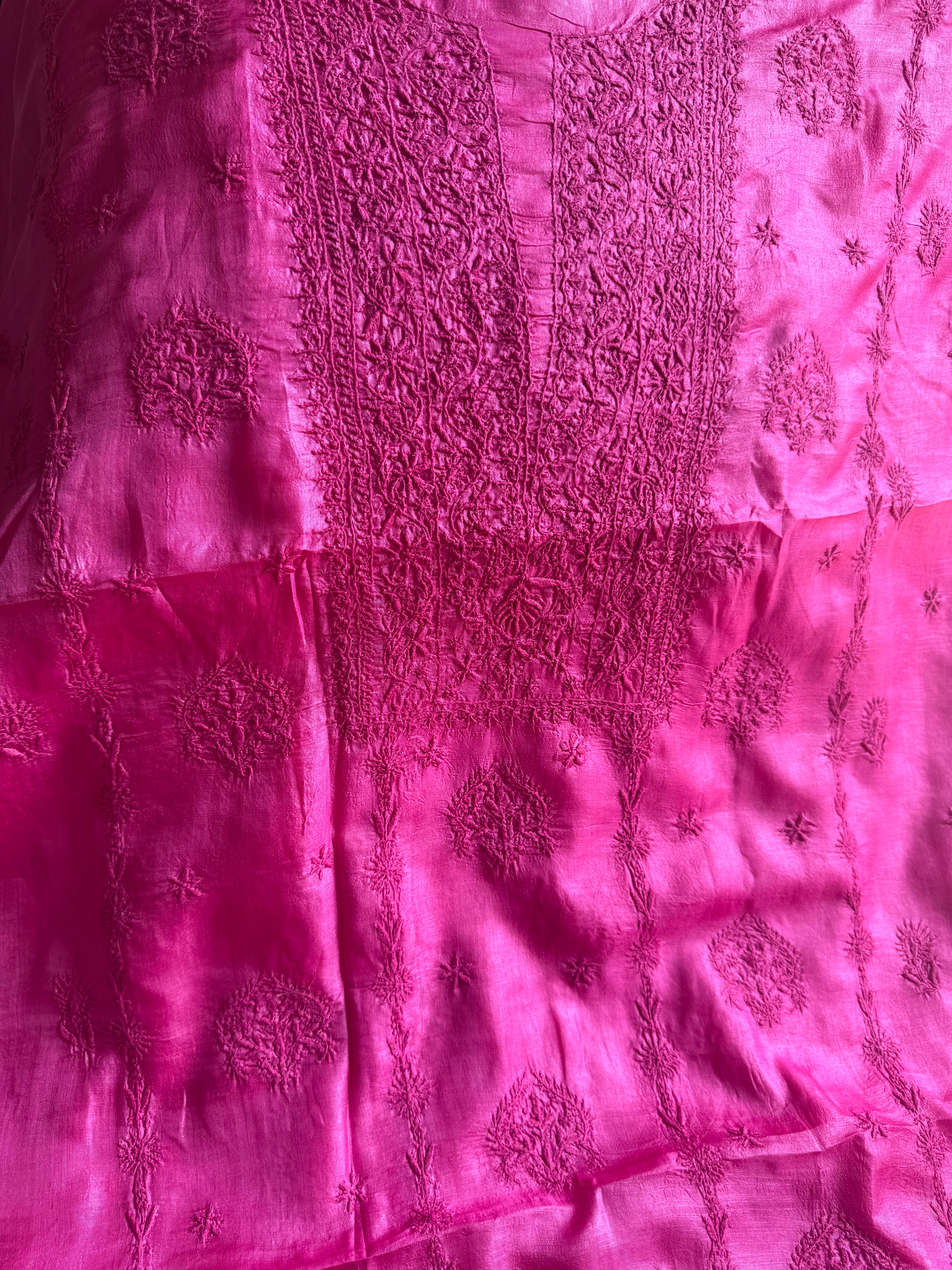 Pure Tussar Silk Chikankari Length with Dupatta - Hot Pink ARIAA CHIKANKARI