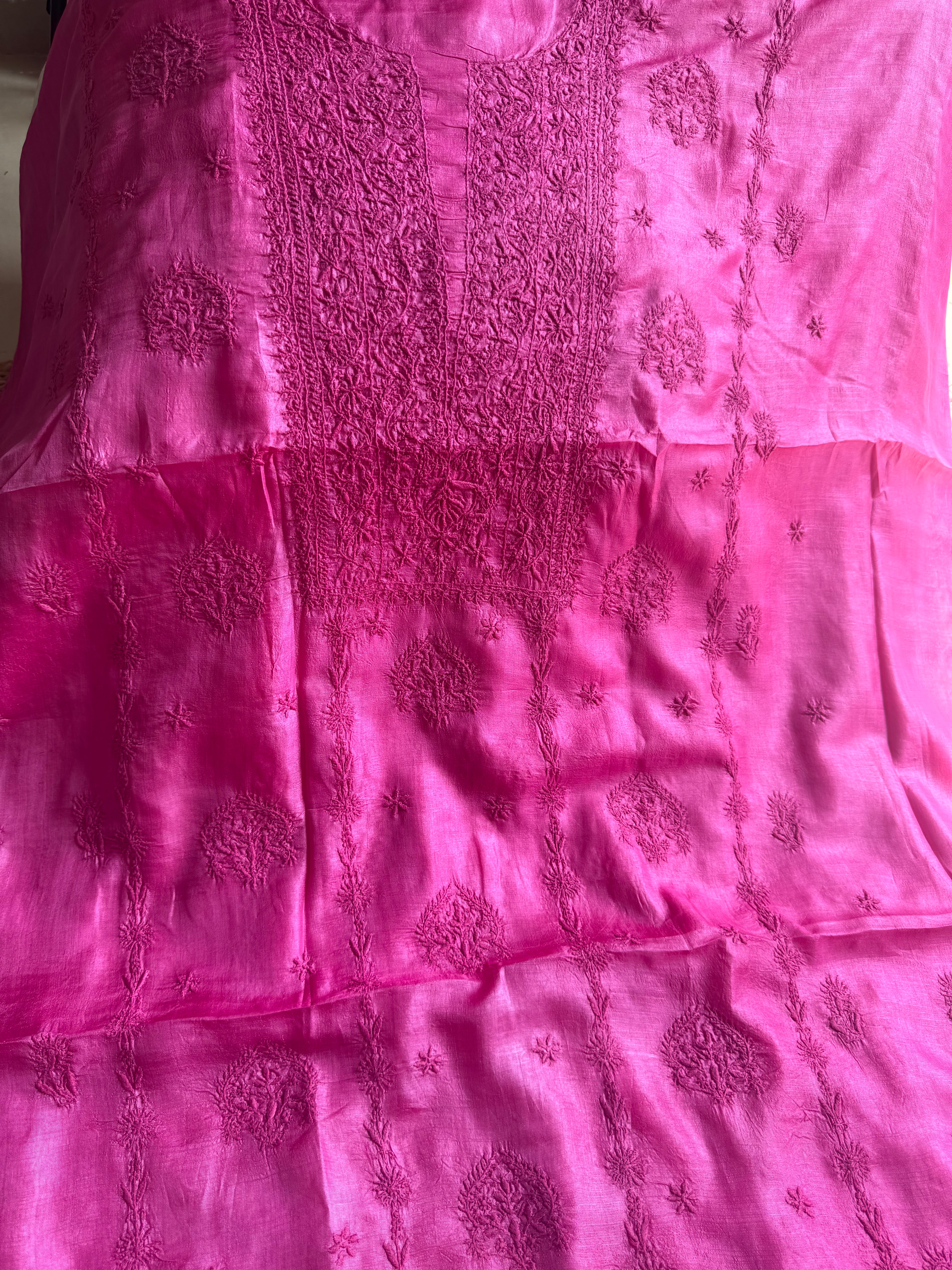 Pure Tussar Silk Chikankari Length with Dupatta - Hot Pink ARIAA CHIKANKARI