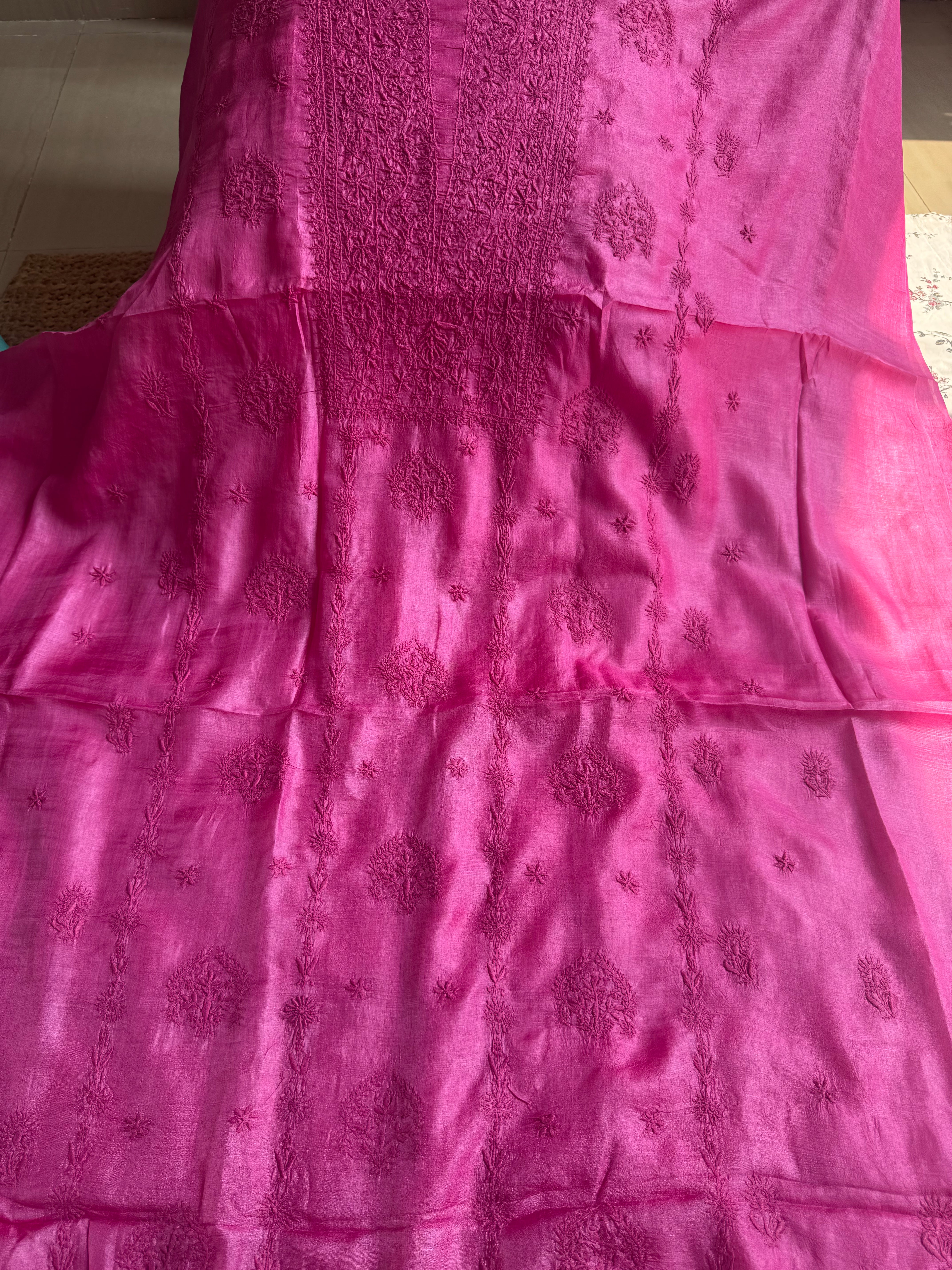 Pure Tussar Silk Chikankari Length with Dupatta - Hot Pink ARIAA CHIKANKARI