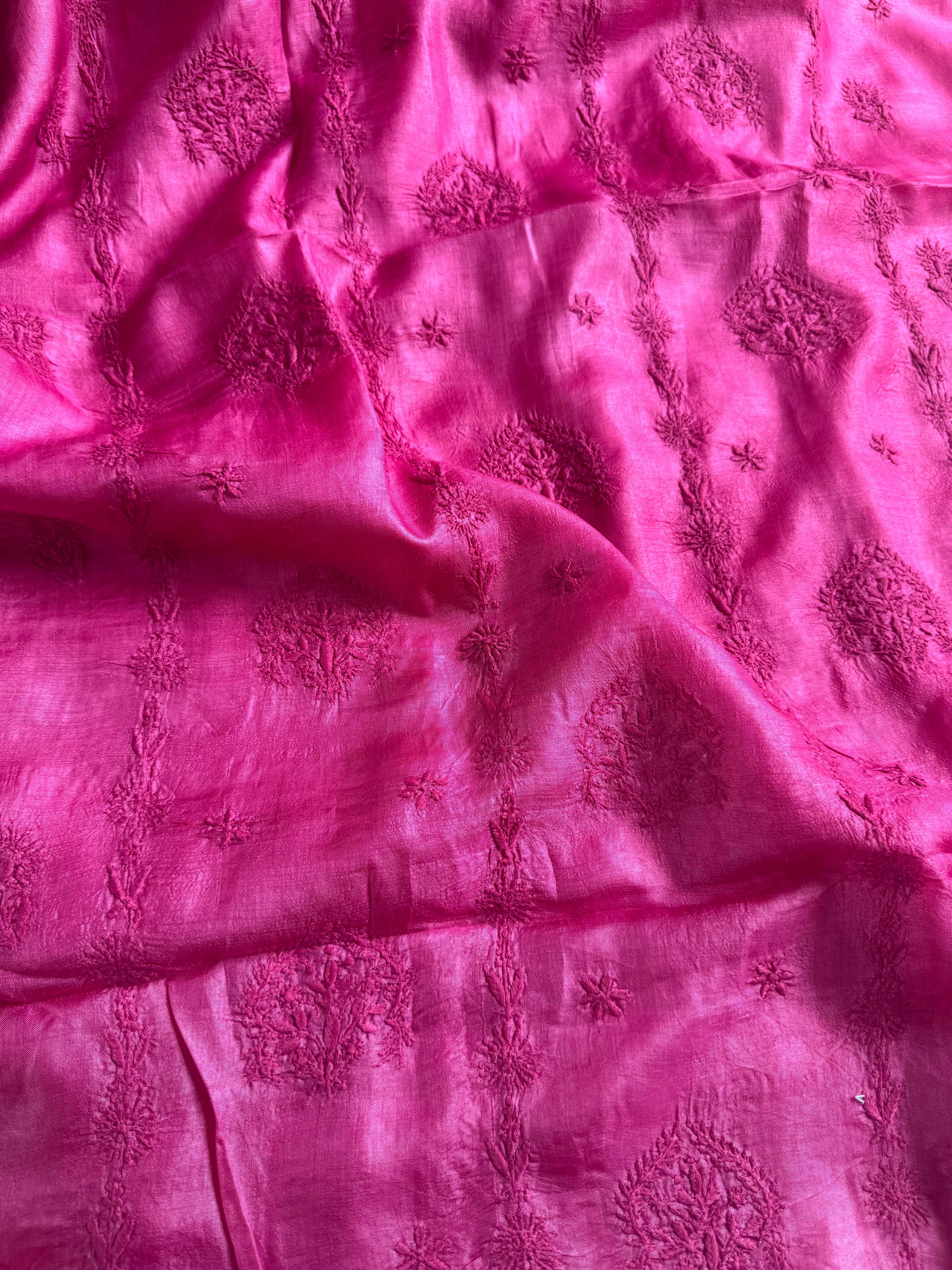 Pure Tussar Silk Chikankari Length with Dupatta - Hot Pink ARIAA CHIKANKARI