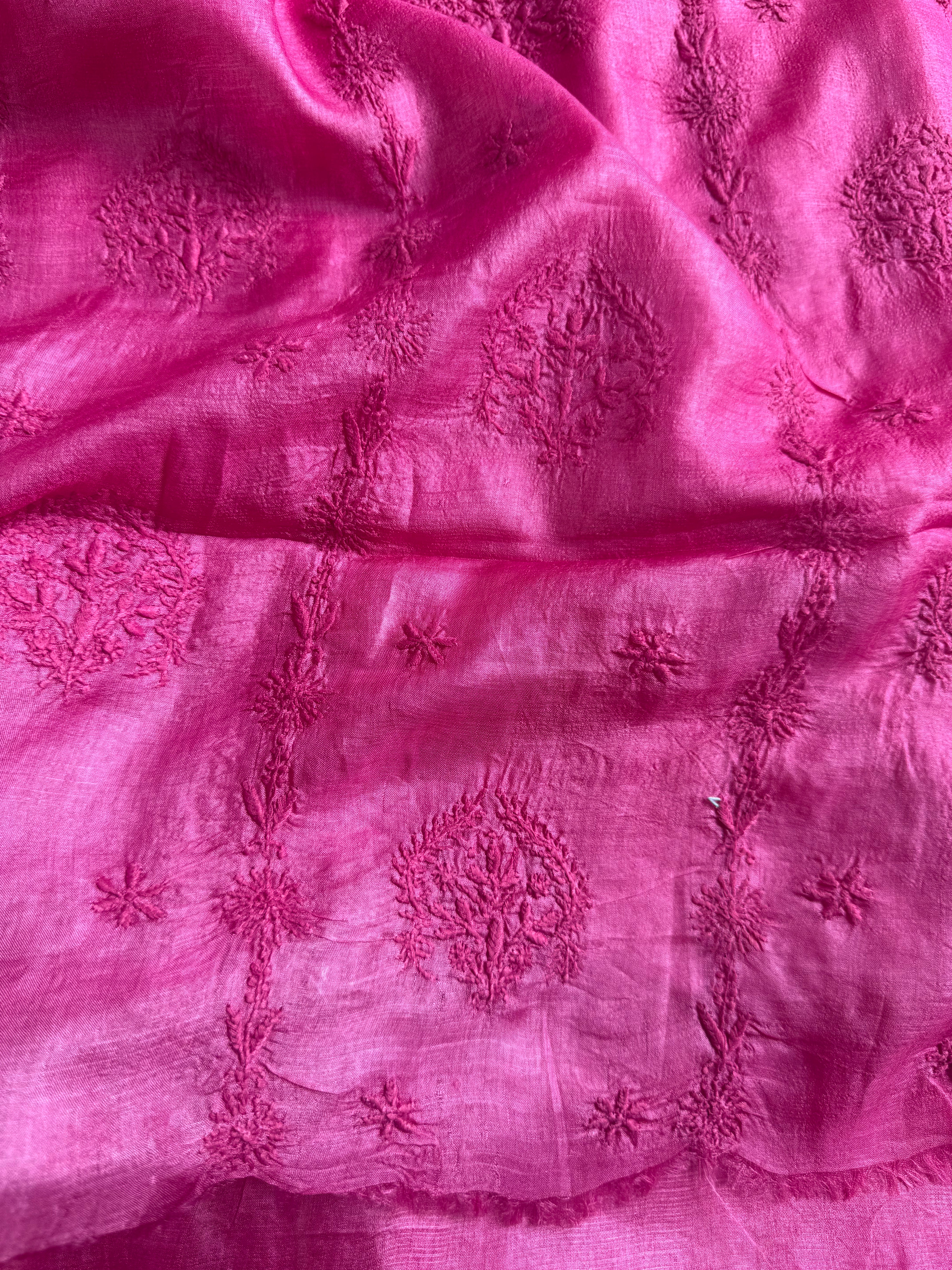 Pure Tussar Silk Chikankari Length with Dupatta - Hot Pink ARIAA CHIKANKARI
