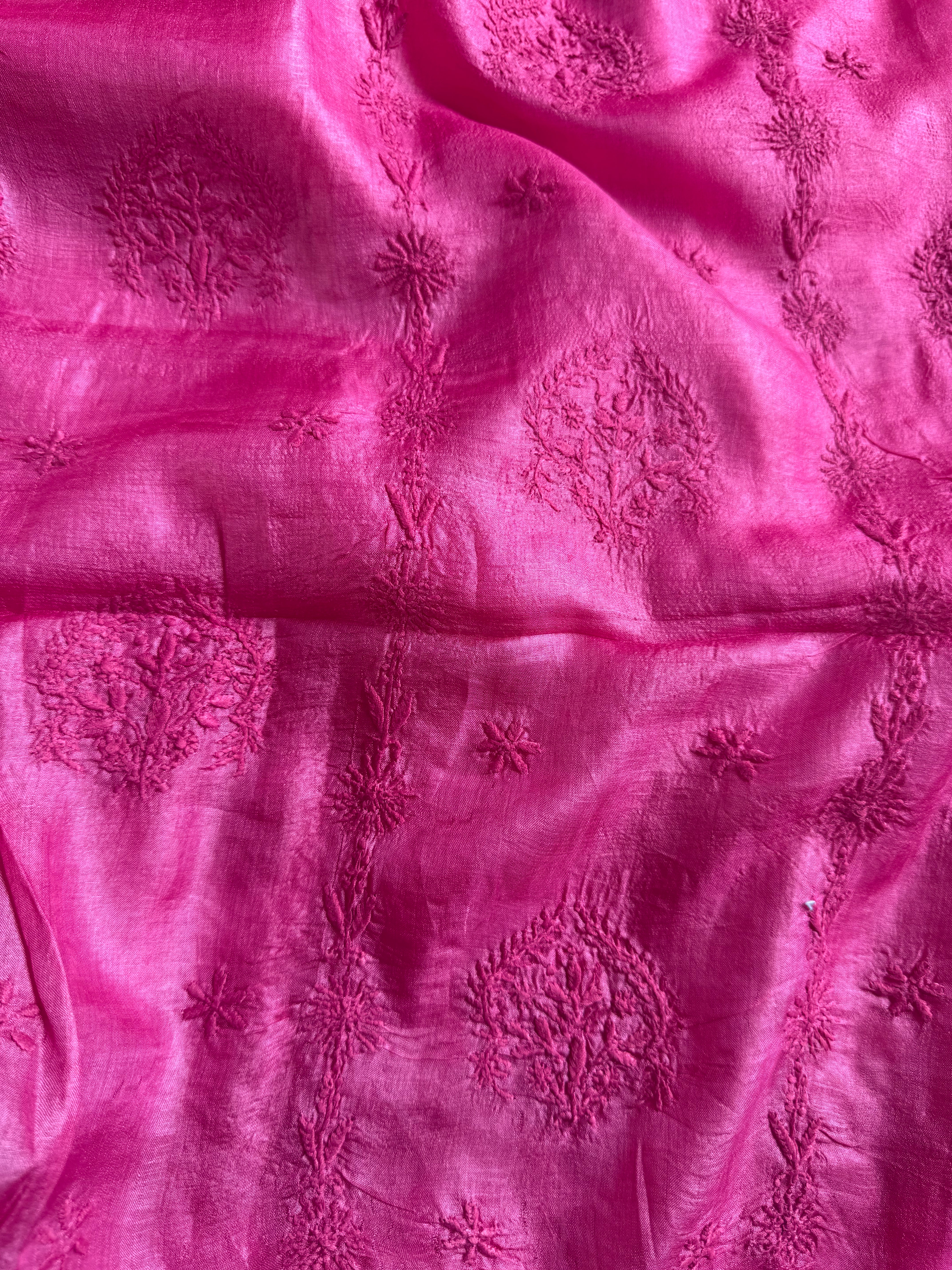 Pure Tussar Silk Chikankari Length with Dupatta - Hot Pink ARIAA CHIKANKARI