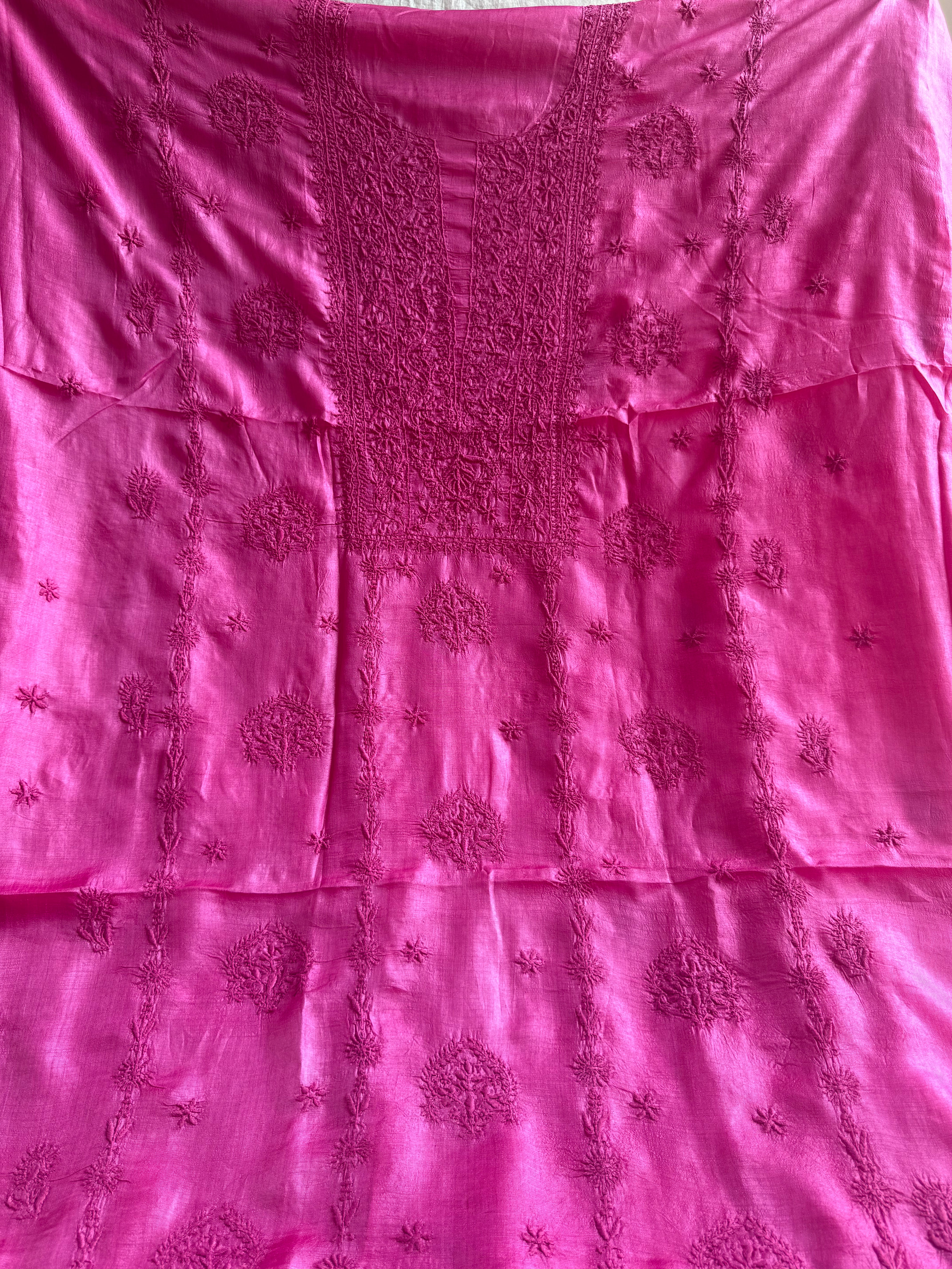 Pure Tussar Silk Chikankari Length with Dupatta - Hot Pink ARIAA CHIKANKARI