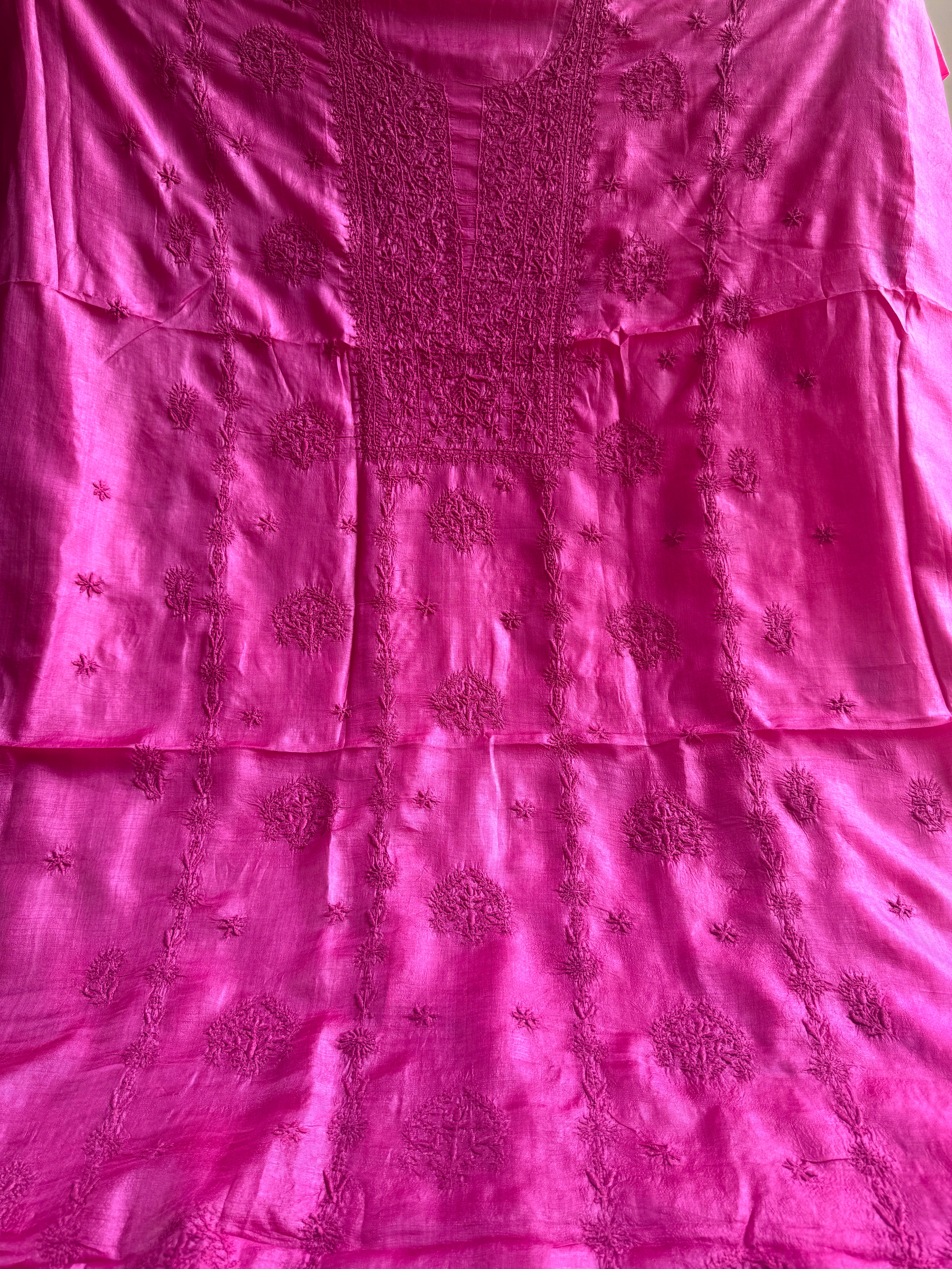 Pure Tussar Silk Chikankari Length with Dupatta - Hot Pink ARIAA CHIKANKARI