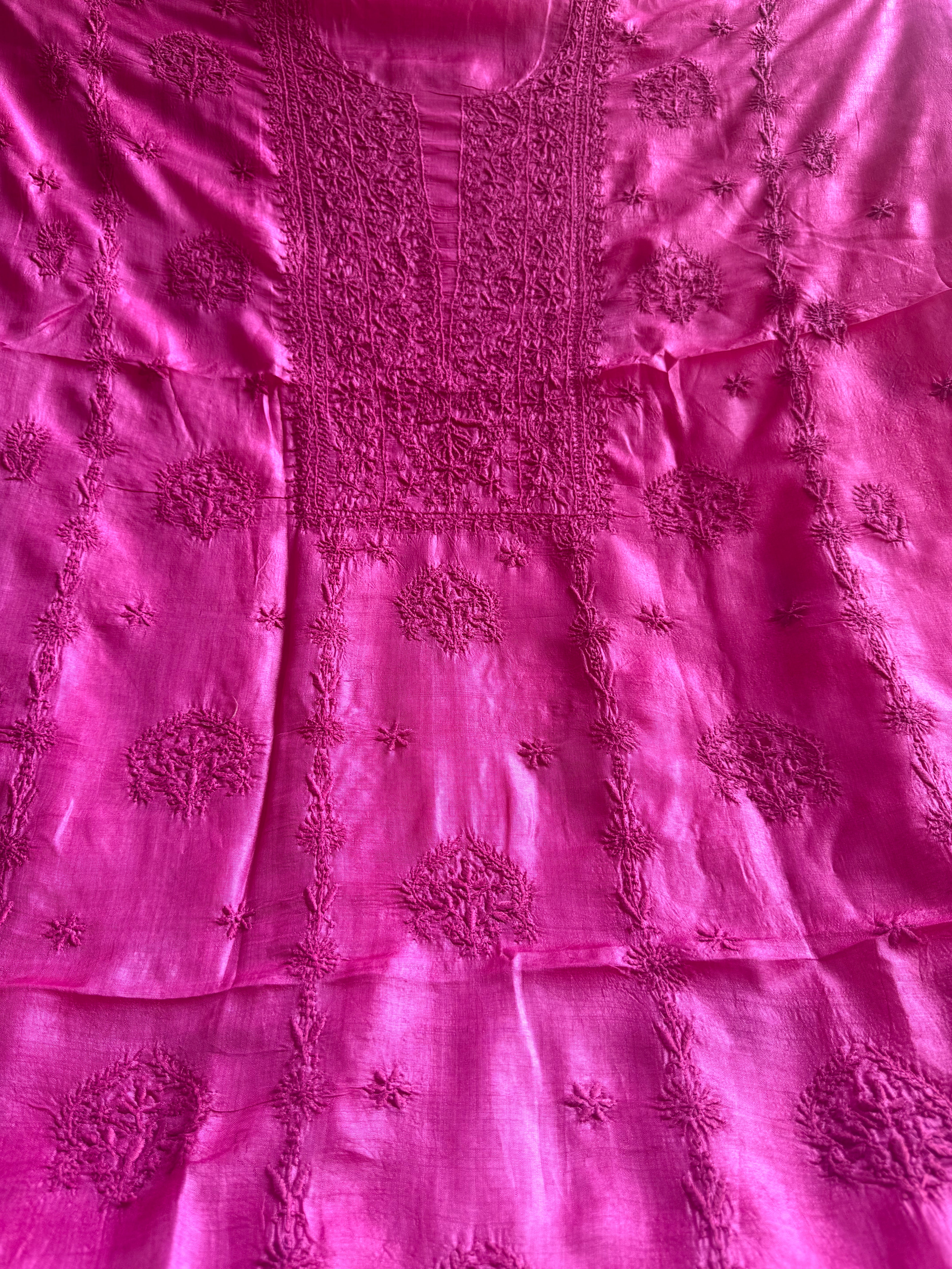 Pure Tussar Silk Chikankari Length with Dupatta - Hot Pink ARIAA CHIKANKARI