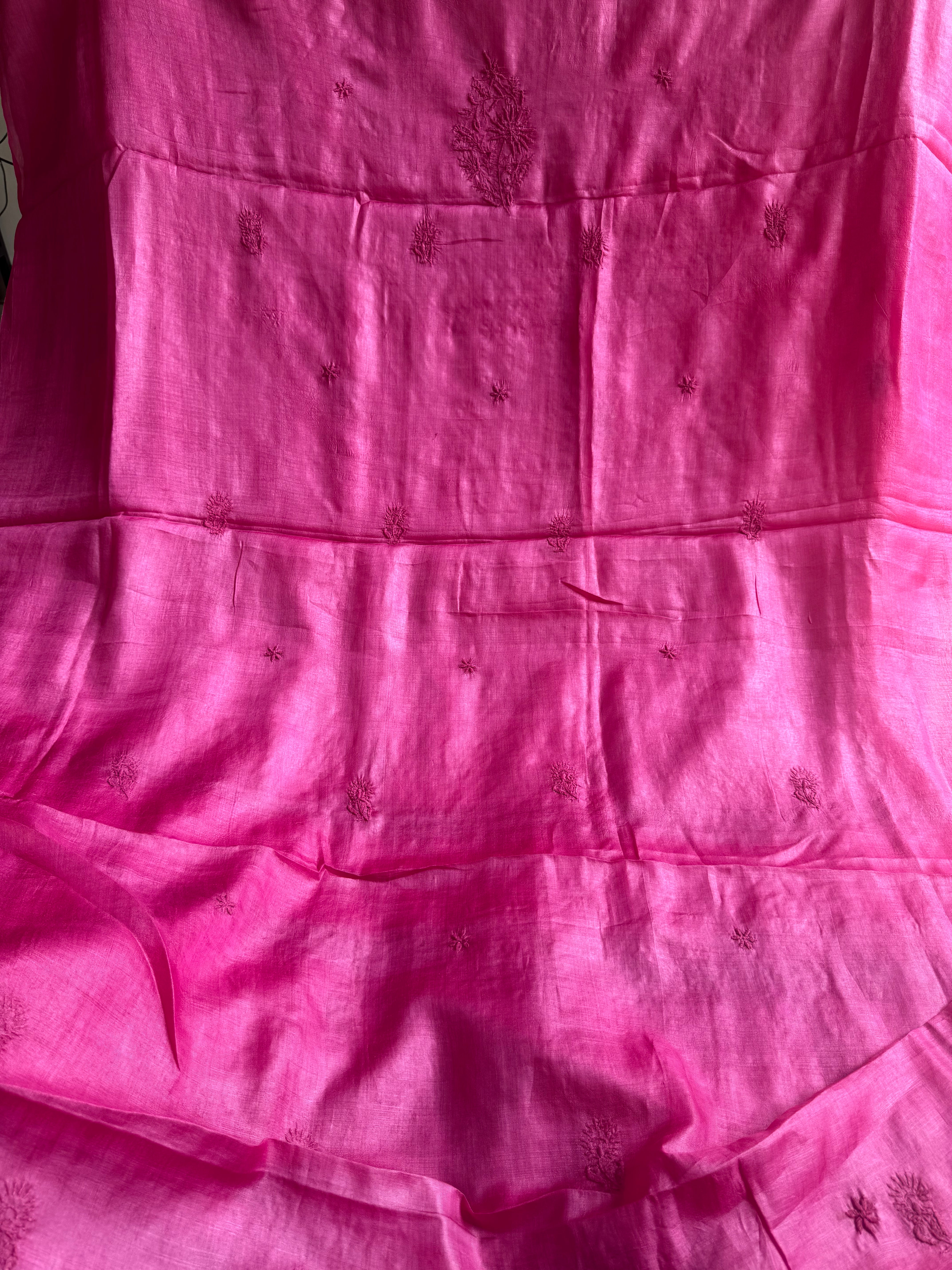Pure Tussar Silk Chikankari Length with Dupatta - Hot Pink ARIAA CHIKANKARI