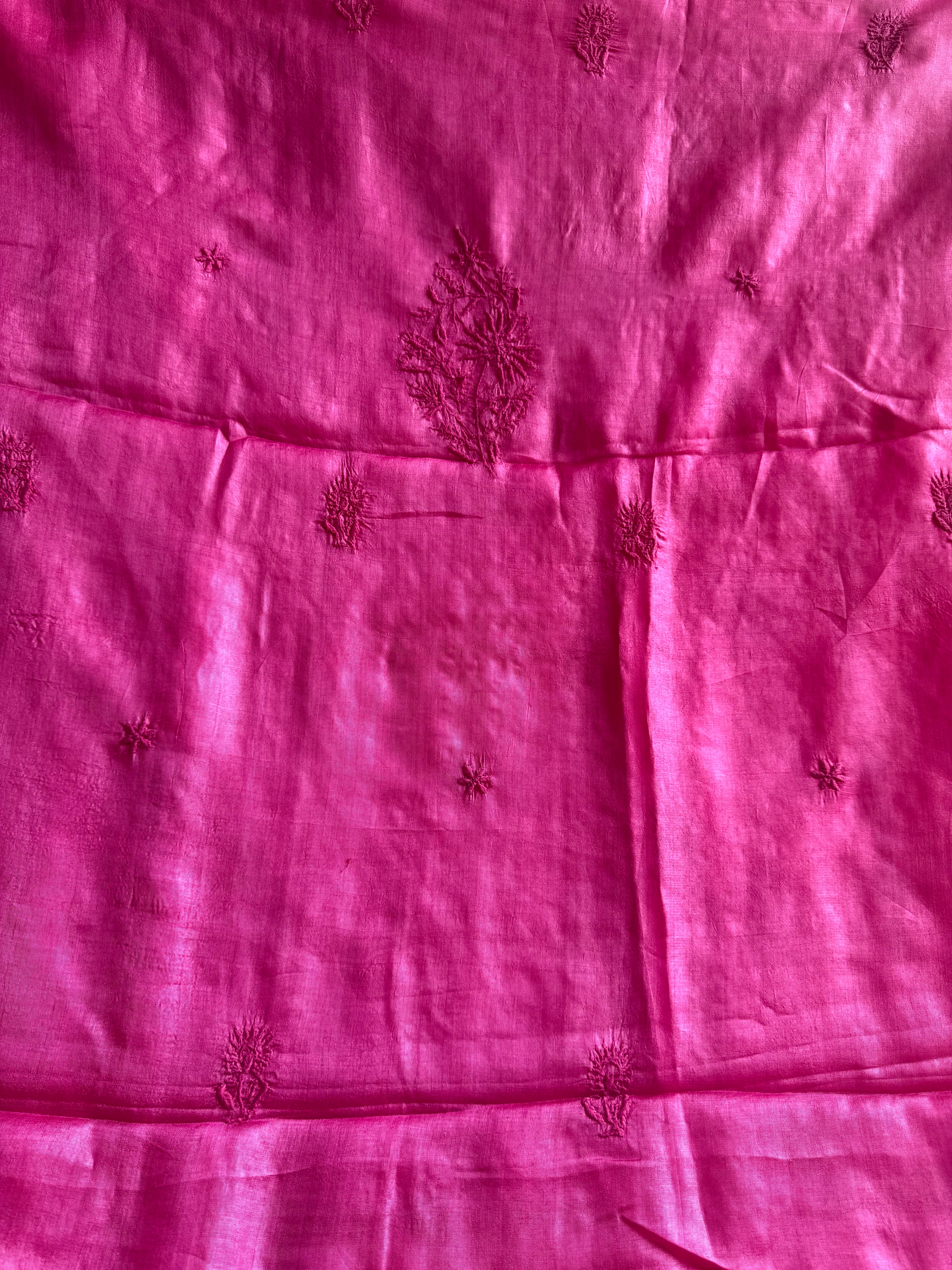 Pure Tussar Silk Chikankari Length with Dupatta - Hot Pink ARIAA CHIKANKARI