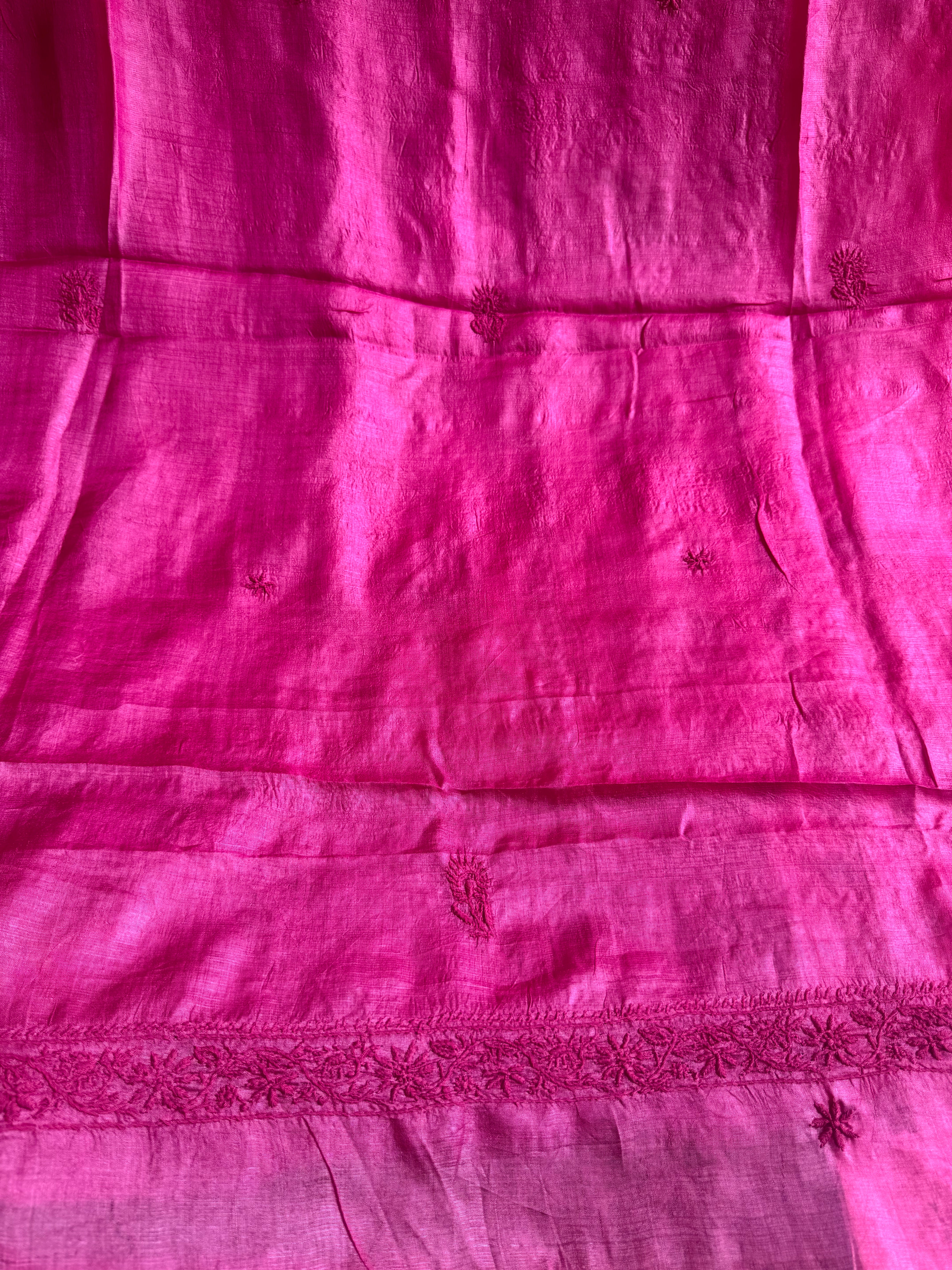 Pure Tussar Silk Chikankari Length with Dupatta - Hot Pink ARIAA CHIKANKARI