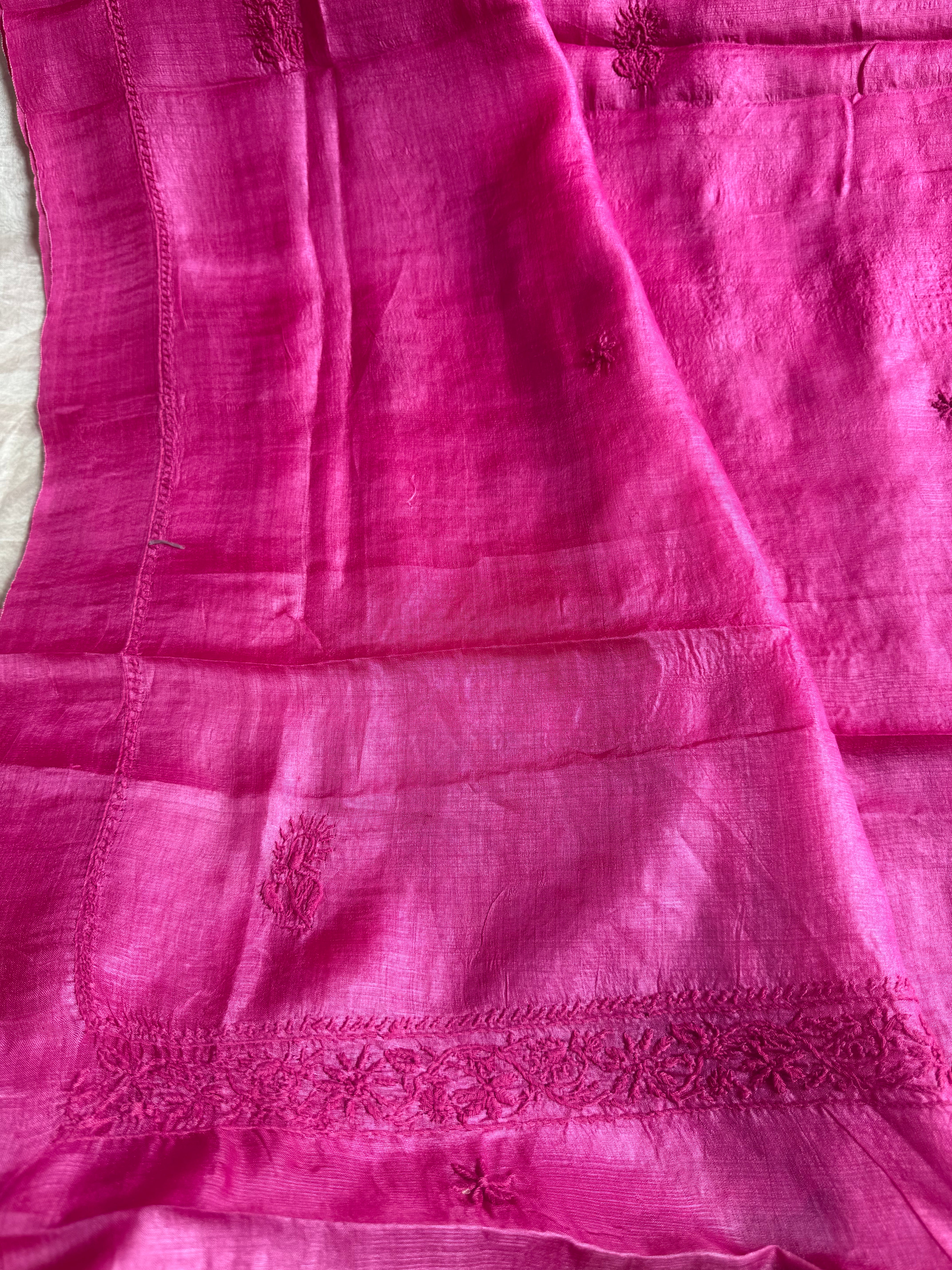 Pure Tussar Silk Chikankari Length with Dupatta - Hot Pink ARIAA CHIKANKARI