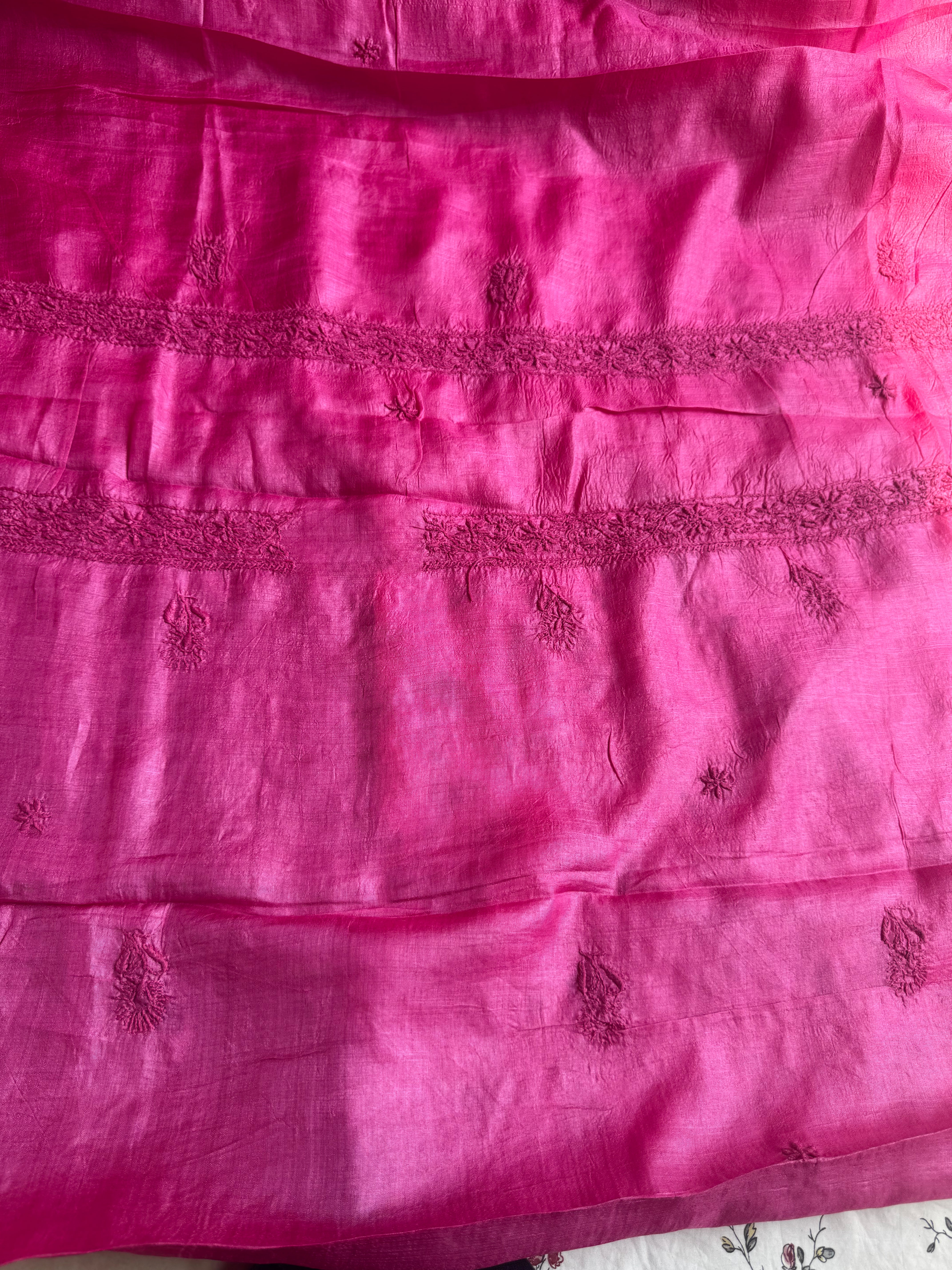 Pure Tussar Silk Chikankari Length with Dupatta - Hot Pink ARIAA CHIKANKARI